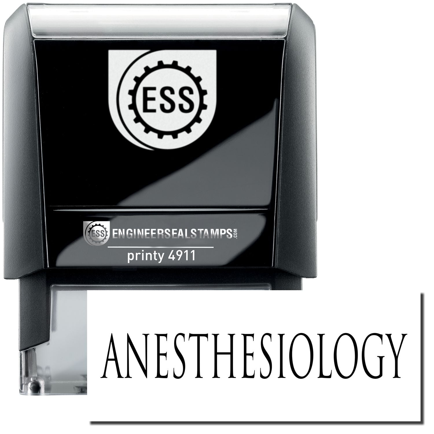 A self-inking stamp with a stamped image showing how the text ANESTHESIOLOGY is displayed after stamping.