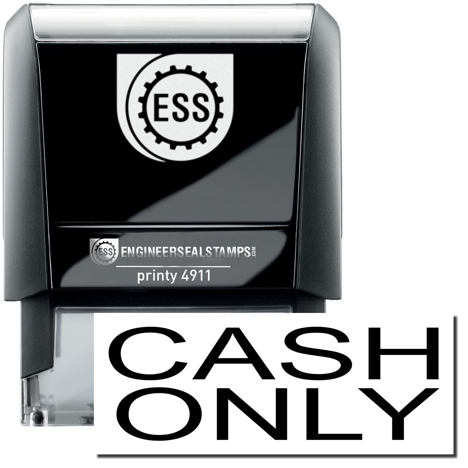 A self-inking stamp with a stamped image showing how the text CASH ONLY is displayed after stamping.