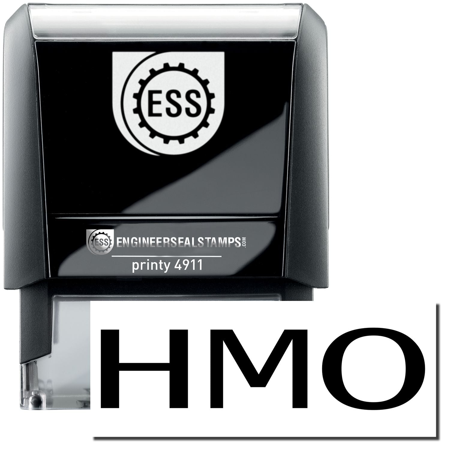 A self-inking stamp with a stamped image showing how the text HMO is displayed after stamping.