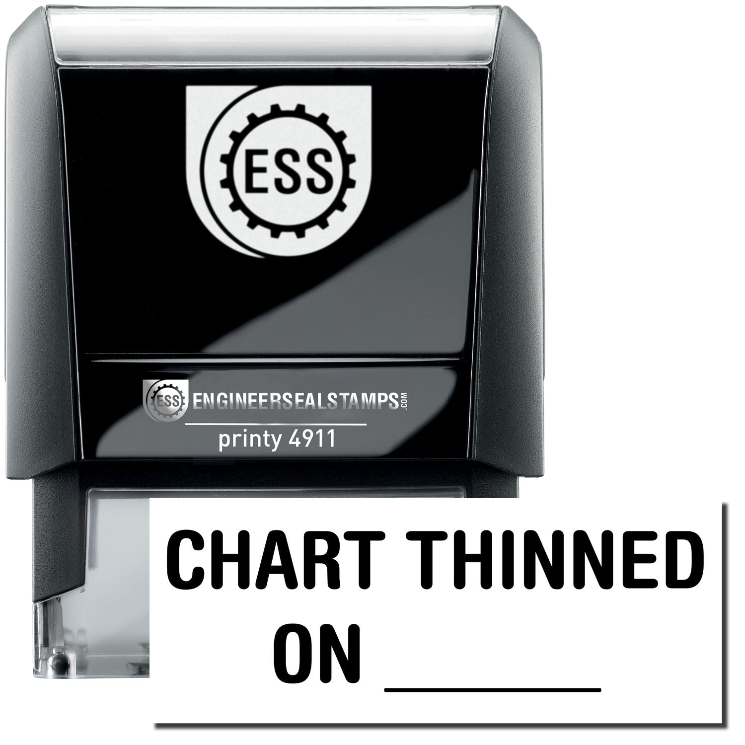 Self Inking Chart Thinned On Stamp with black casing and clear base, featuring the ESS logo and the text CHART THINNED ON in bold.