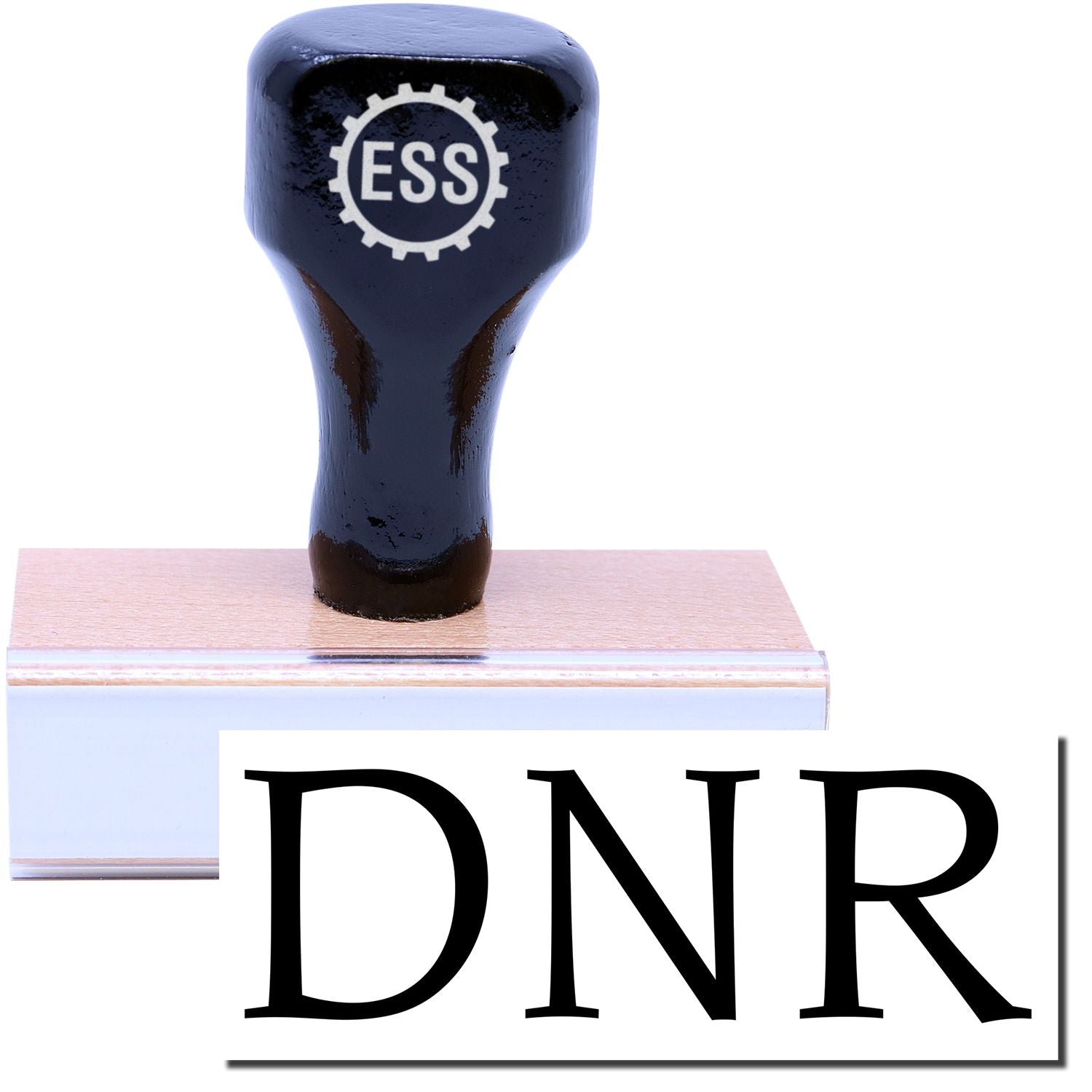 A stock office medical rubber stamp with a stamped image showing how the text DNR is displayed after stamping.