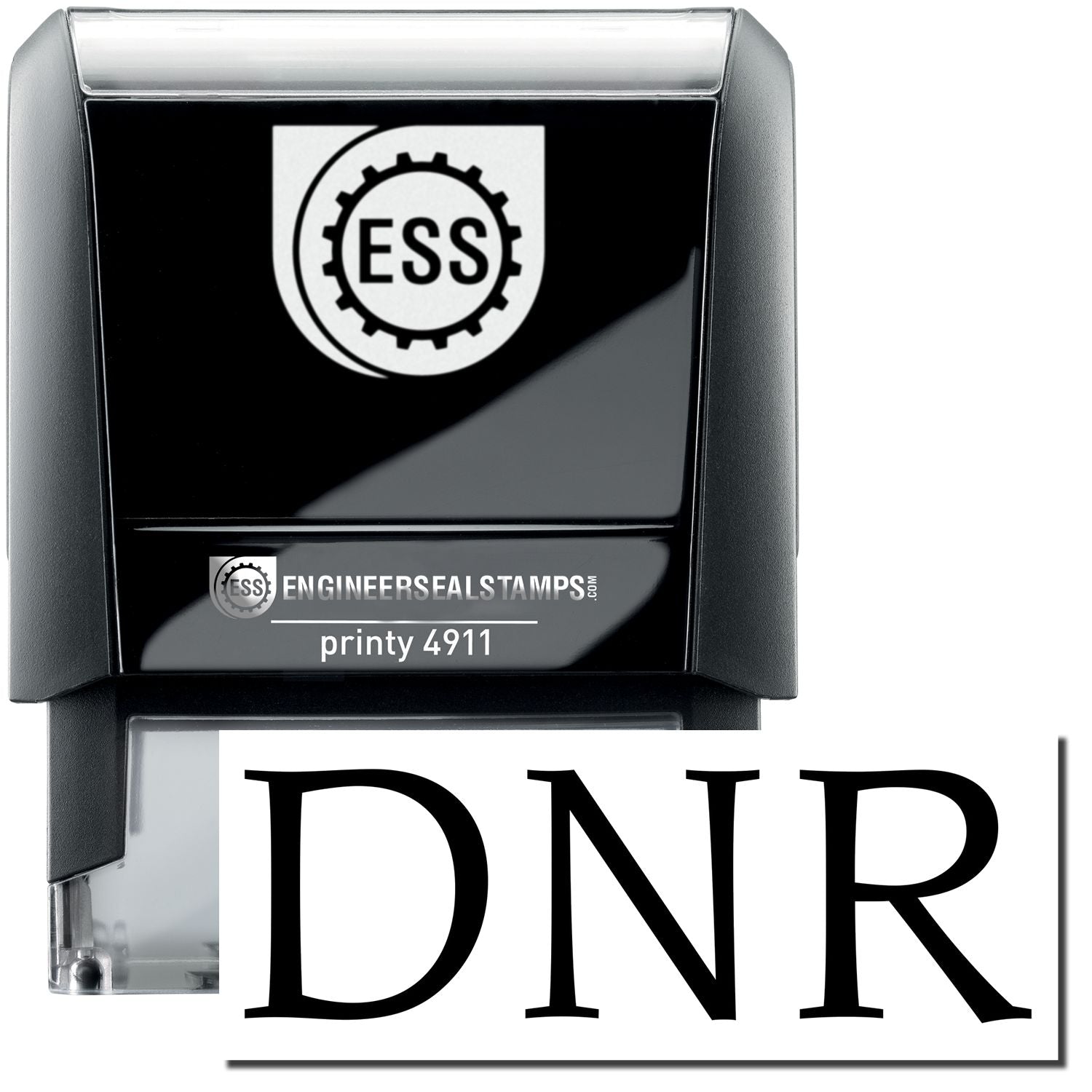 A self-inking stamp with a stamped image showing how the text DNR is displayed after stamping.