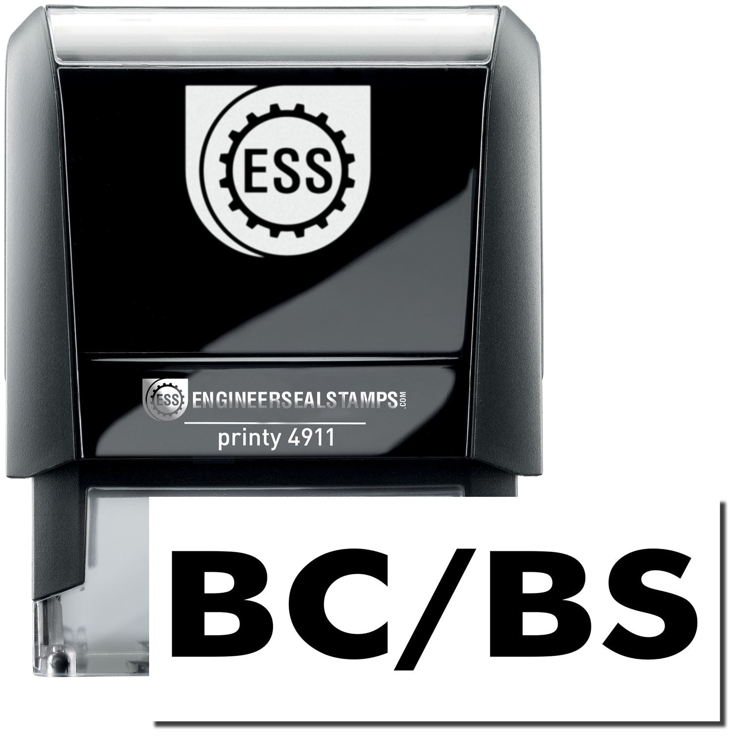 A self-inking stamp with a stamped image showing how the text BC/BS is displayed after stamping.