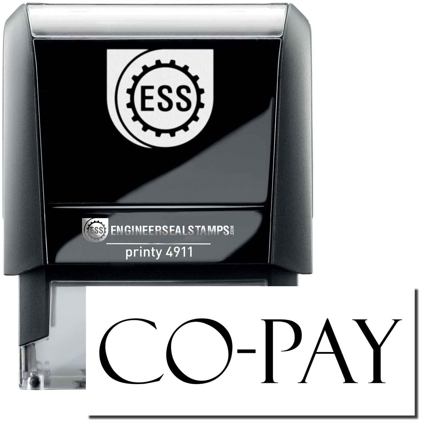 A self-inking stamp with a stamped image showing how the text CO-PAY is displayed after stamping.