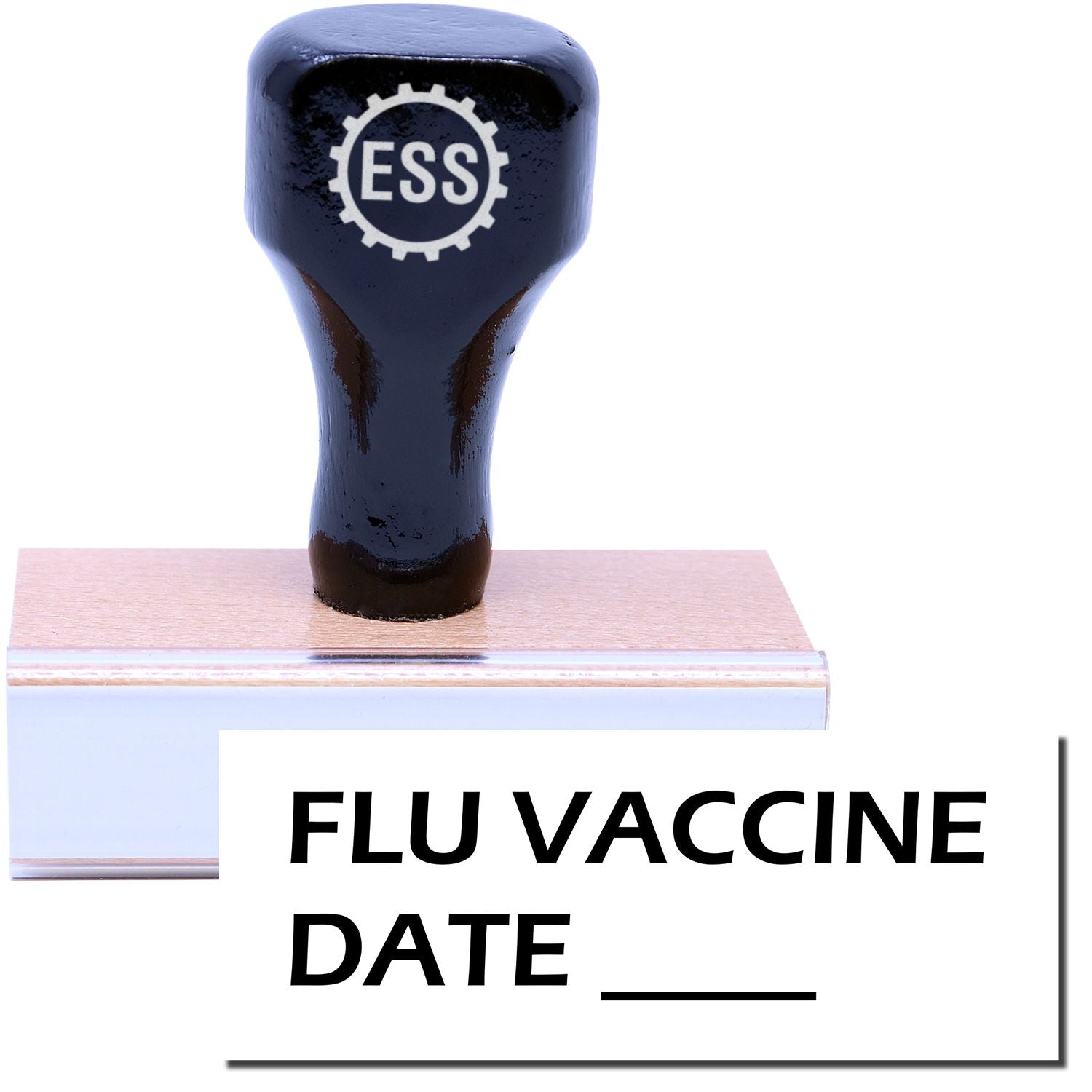 A stock office medical rubber stamp with a stamped image showing how the text FLU VACCINE DATE with a line is displayed after stamping.