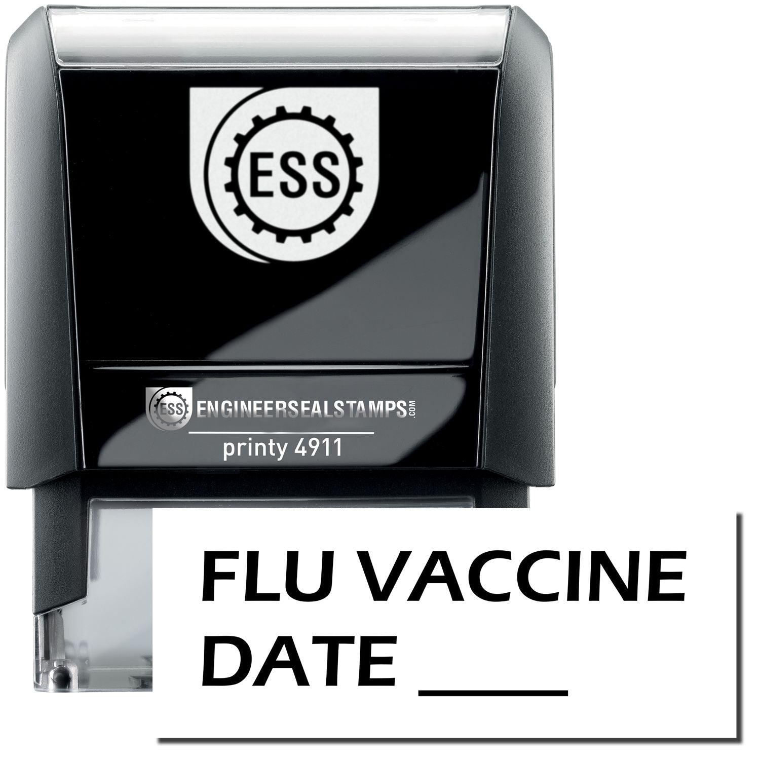 A self-inking stamp with a stamped image showing how the text FLU VACCINE DATE with a line is displayed after stamping.