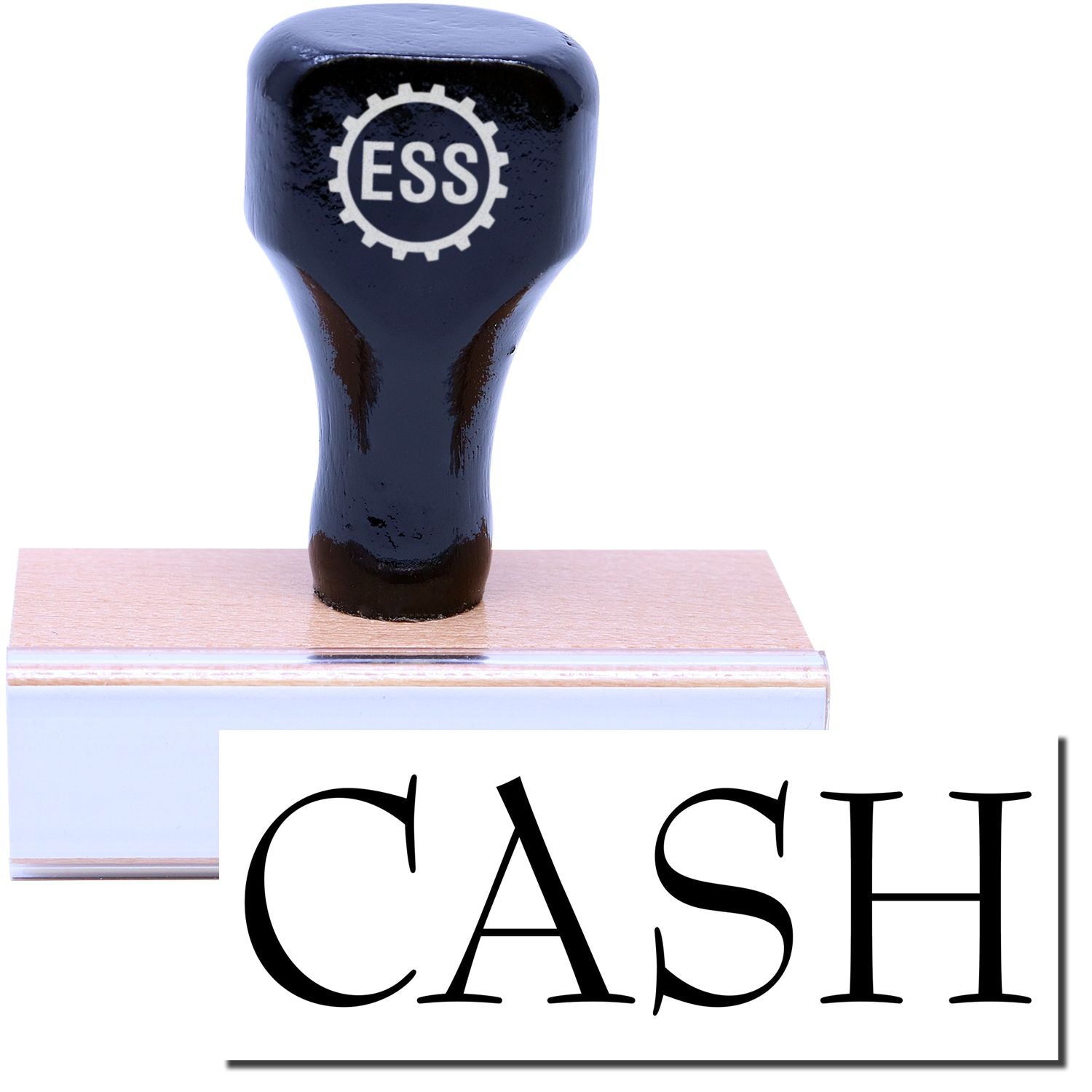 A stock office rubber stamp with a stamped image showing how the text CASH is displayed after stamping.