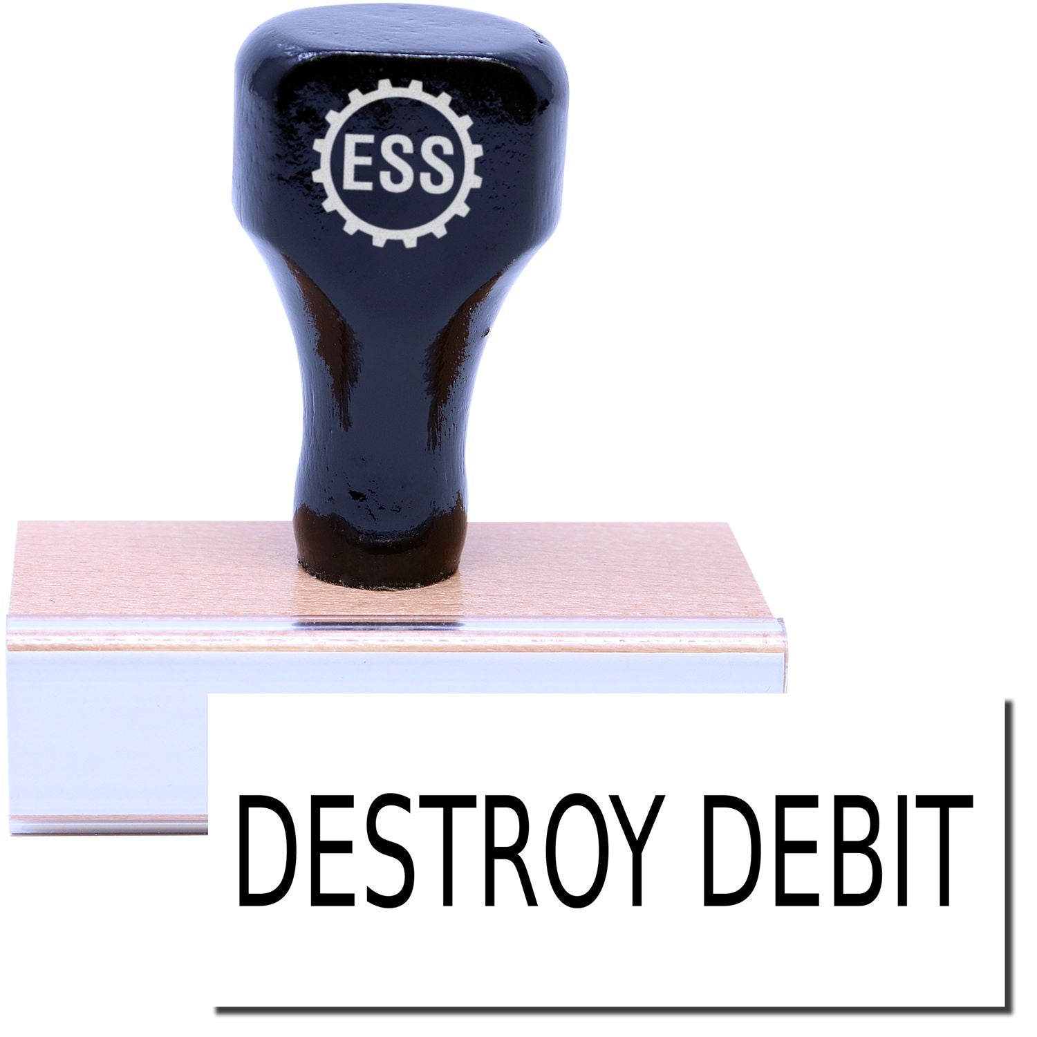 A stock office rubber stamp with a stamped image showing how the text DESTROY DEBIT is displayed after stamping.