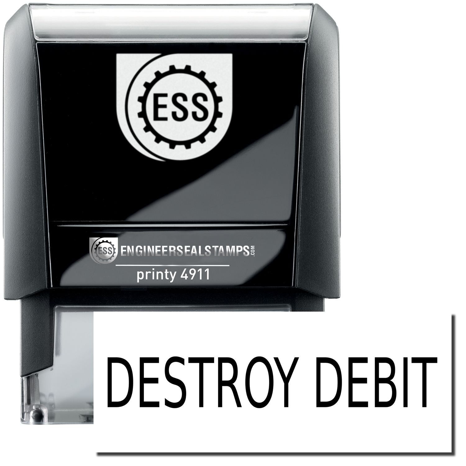 A self-inking stamp with a stamped image showing how the text DESTROY DEBIT is displayed after stamping.