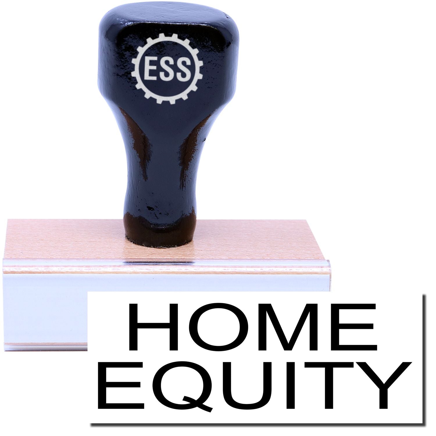 A stock office rubber stamp with a stamped image showing how the text HOME EQUITY is displayed after stamping.