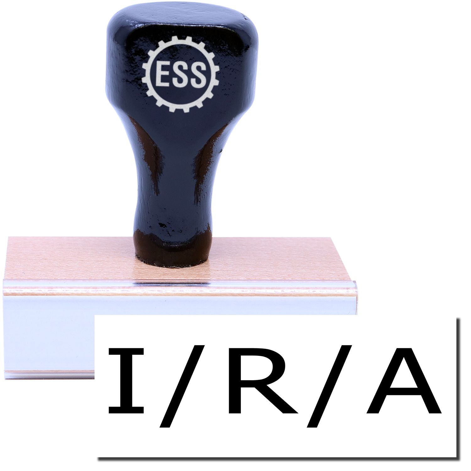 A stock office rubber stamp with a stamped image showing how the text I/R/A is displayed after stamping.