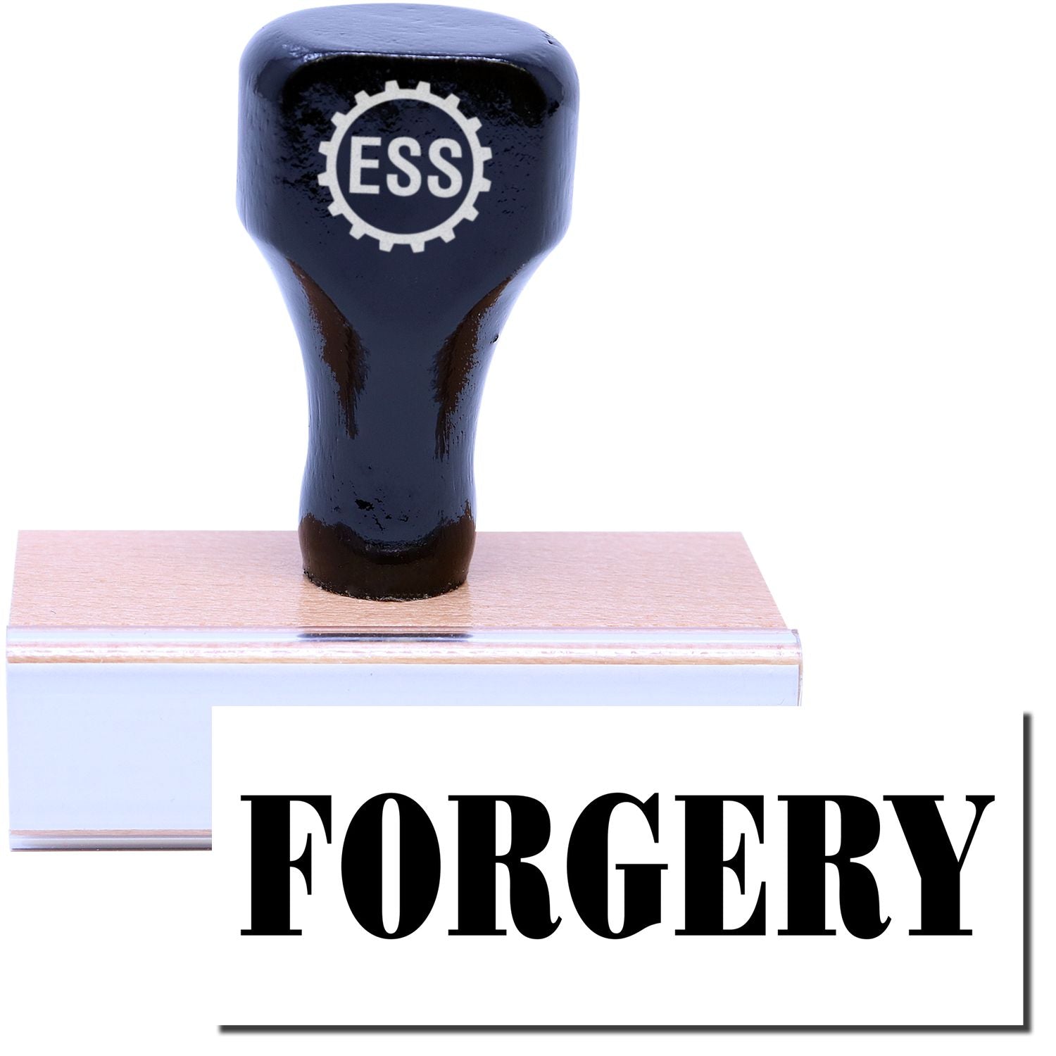 A stock office rubber stamp with a stamped image showing how the text FORGERY is displayed after stamping.