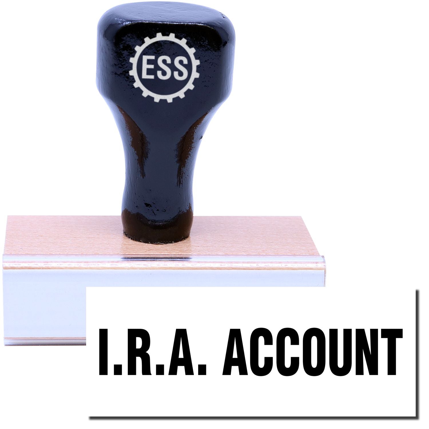 I.R.A. Account Rubber Stamp with a black handle and wooden base, featuring the text I.R.A. ACCOUNT in bold black letters.