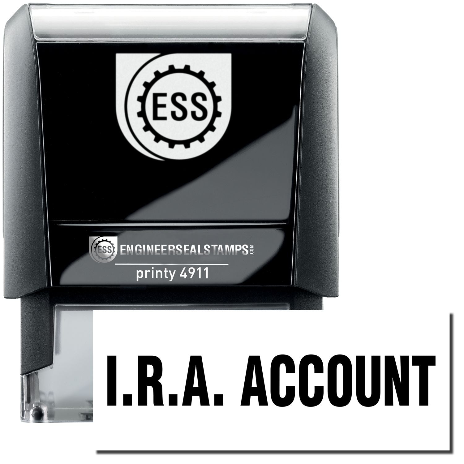 Self Inking IRA Account Stamp with black casing and clear base, featuring the ESS logo and I.R.A. ACCOUNT text on the stamping surface.