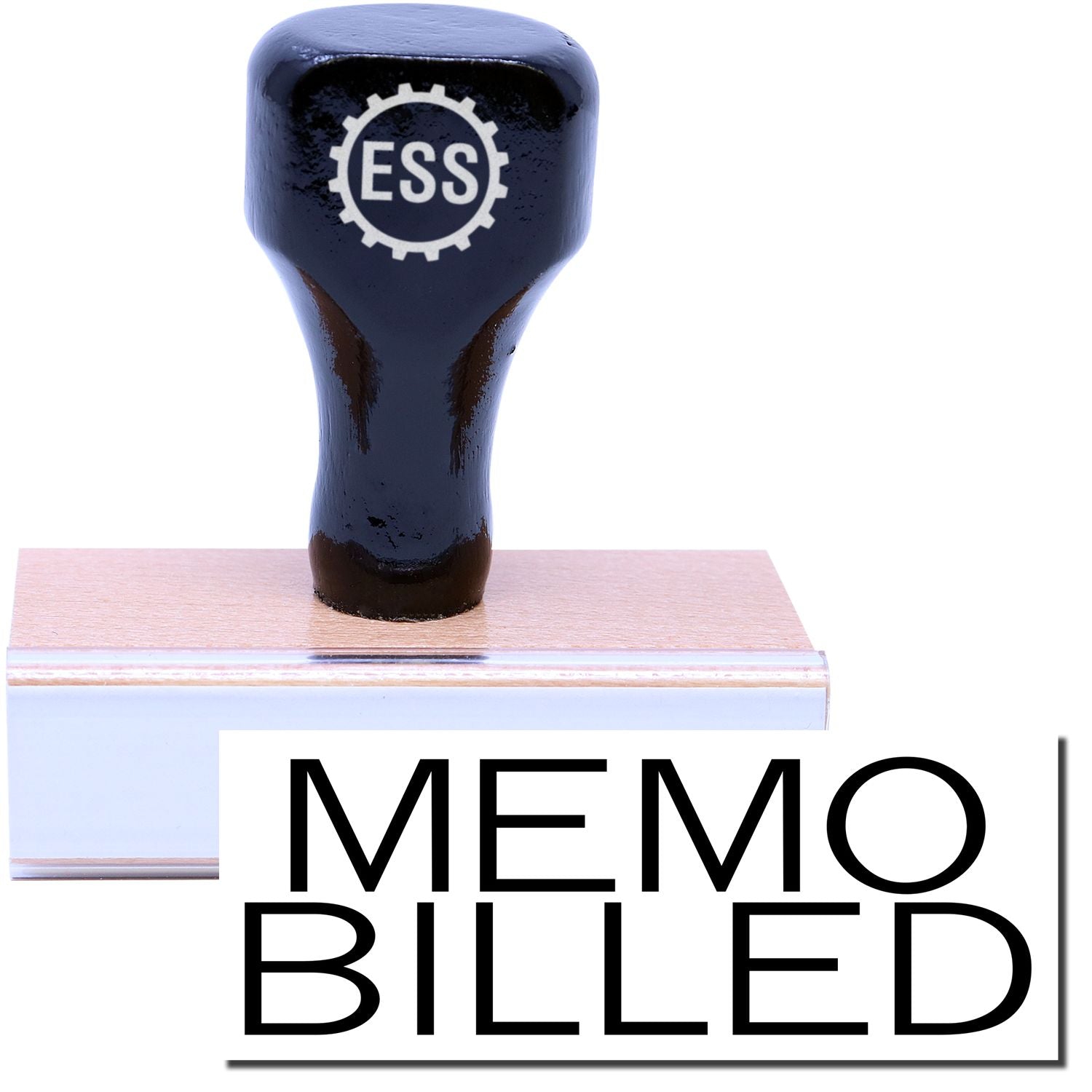 A stock office rubber stamp with a stamped image showing how the text MEMO BILLED is displayed after stamping.