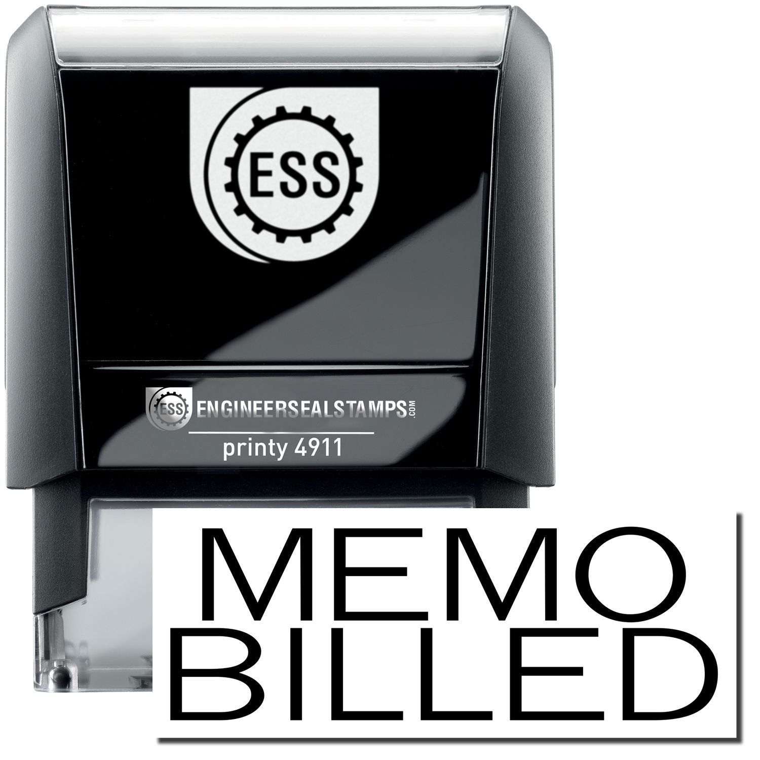 Self Inking Memo Billed Stamp with black casing and clear base, featuring the ESS logo and MEMO BILLED text in bold.