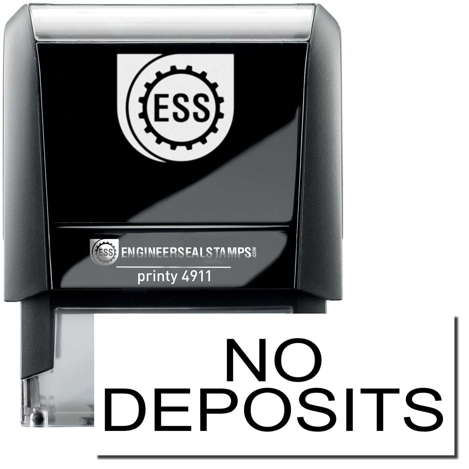 Self Inking No Deposits Stamp with a black and white design, featuring the ESS logo and the text NO DEPOSITS prominently displayed.