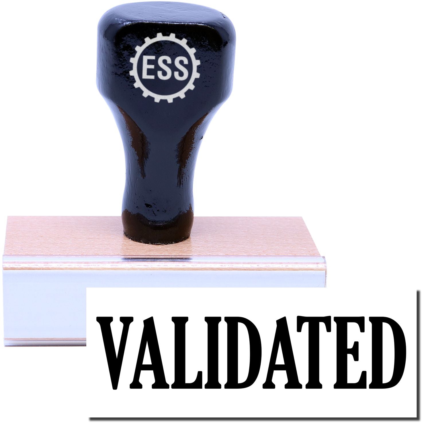 A stock office rubber stamp with a stamped image showing how the text VALIDATED is displayed after stamping.