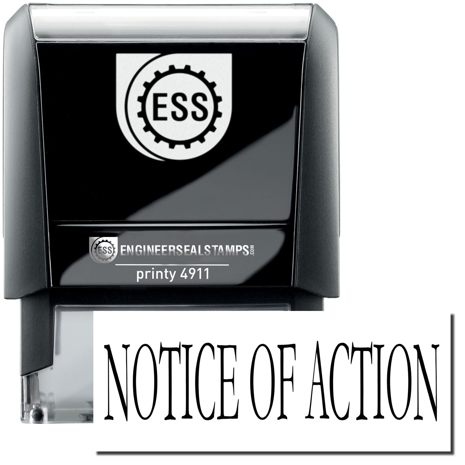 Self Inking Notice Of Action Stamp with black casing and clear base, displaying NOTICE OF ACTION text below.