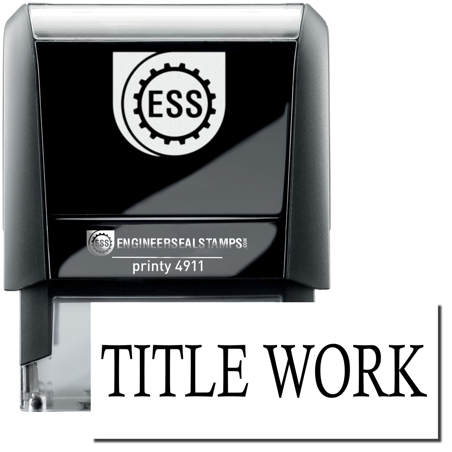 A self-inking stamp with a stamped image showing how the text TITLE WORK is displayed after stamping.