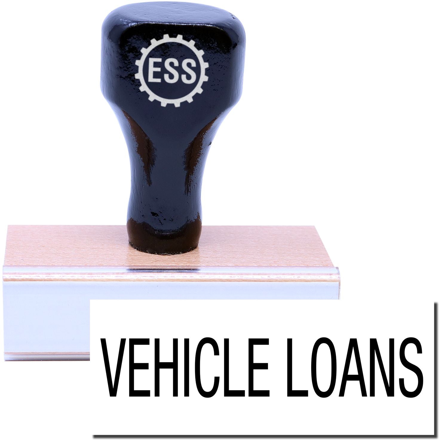 A stock office rubber stamp with a stamped image showing how the text VEHICLE LOANS is displayed after stamping.