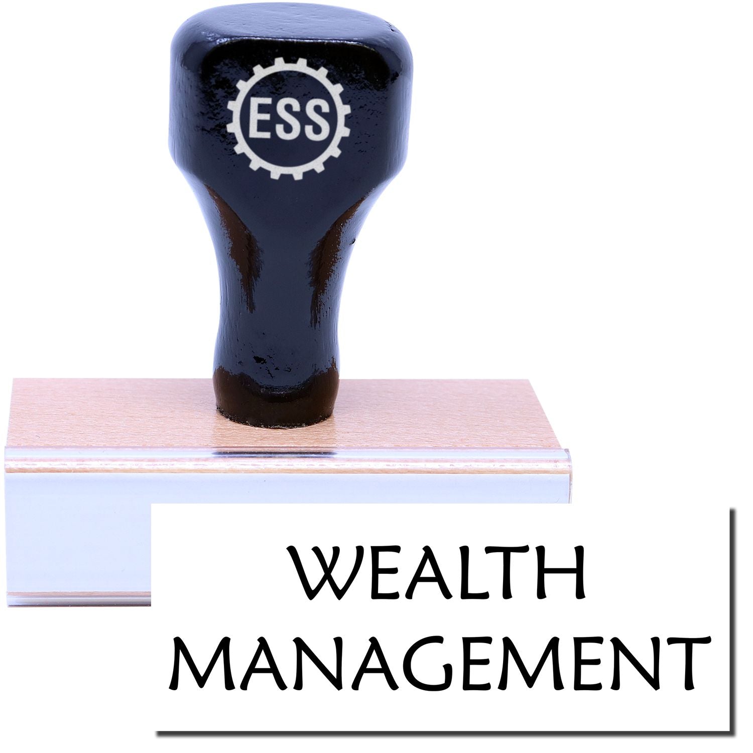 A stock office rubber stamp with a stamped image showing how the text WEALTH MANAGEMENT is displayed after stamping.