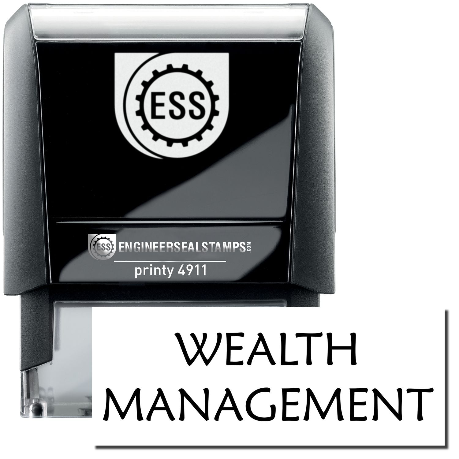 A self-inking stamp with a stamped image showing how the text WEALTH MANAGEMENT is displayed after stamping.