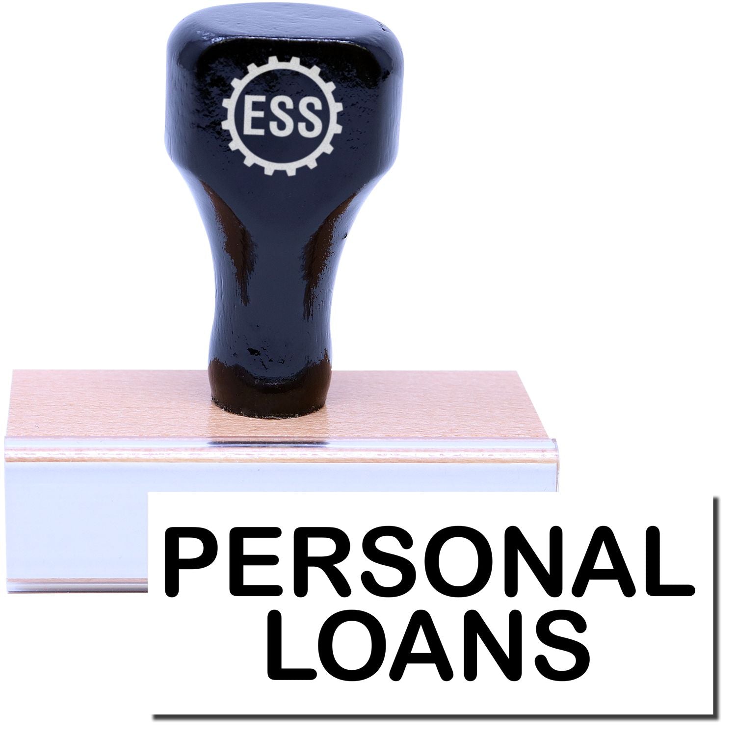 A stock office rubber stamp with a stamped image showing how the text PERSONAL LOANS is displayed after stamping.