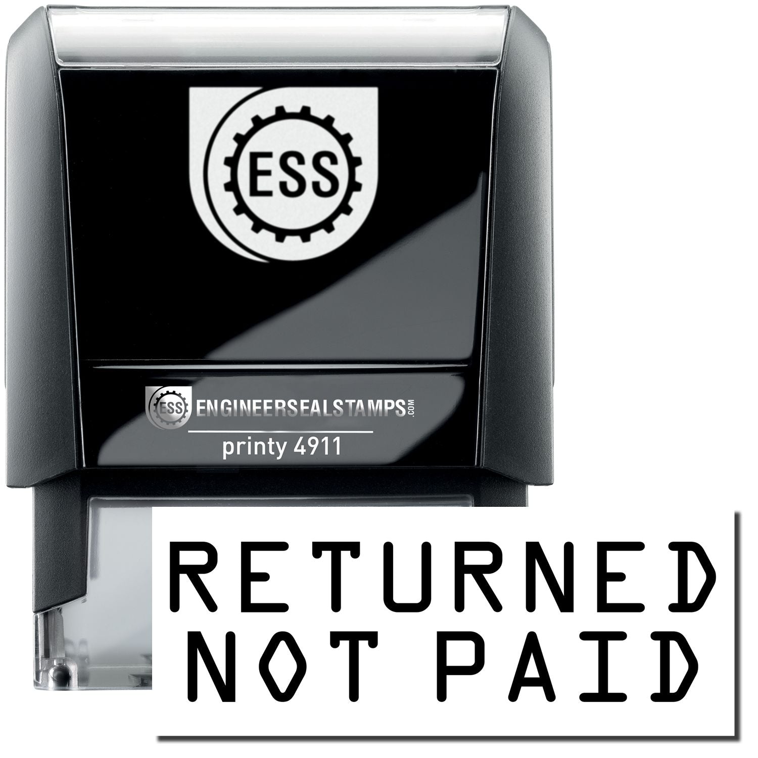 Self Inking Returned Not Paid Stamp with black casing and clear base, displaying the text RETURNED NOT PAID in bold, block letters.