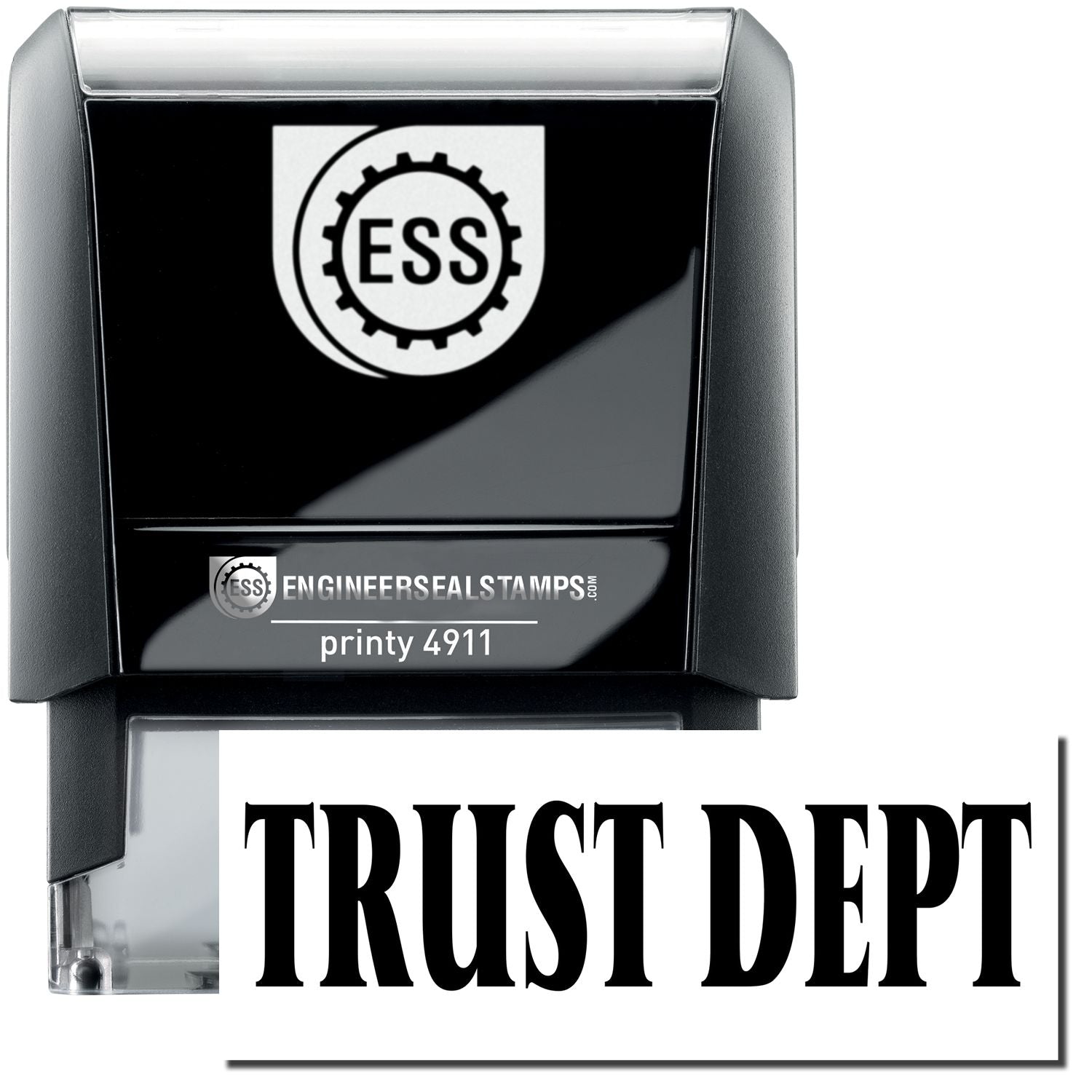 A self-inking stamp with a stamped image showing how the text TRUST DEPT is displayed after stamping.