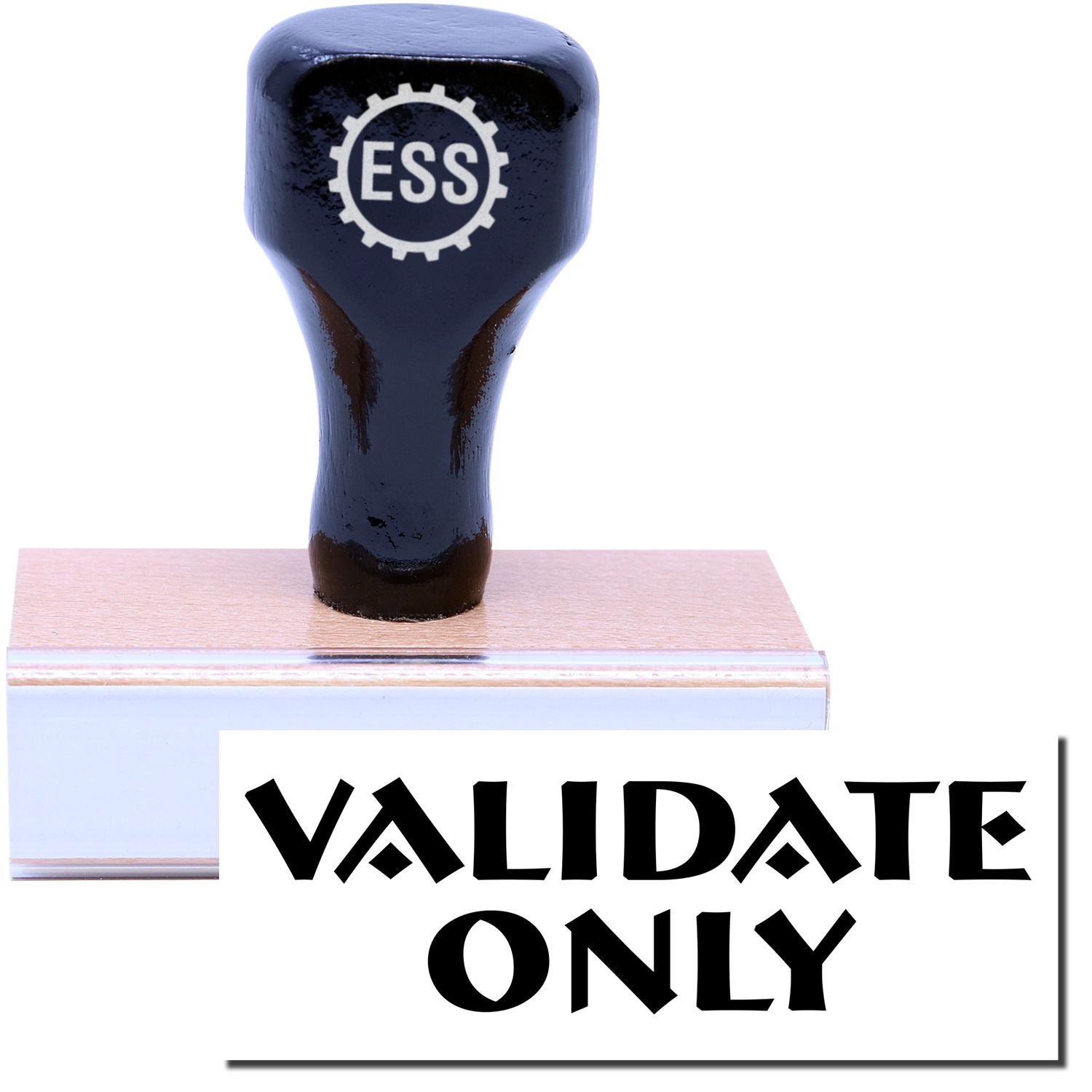 A stock office rubber stamp with a stamped image showing how the text VALIDATE ONLY is displayed after stamping.