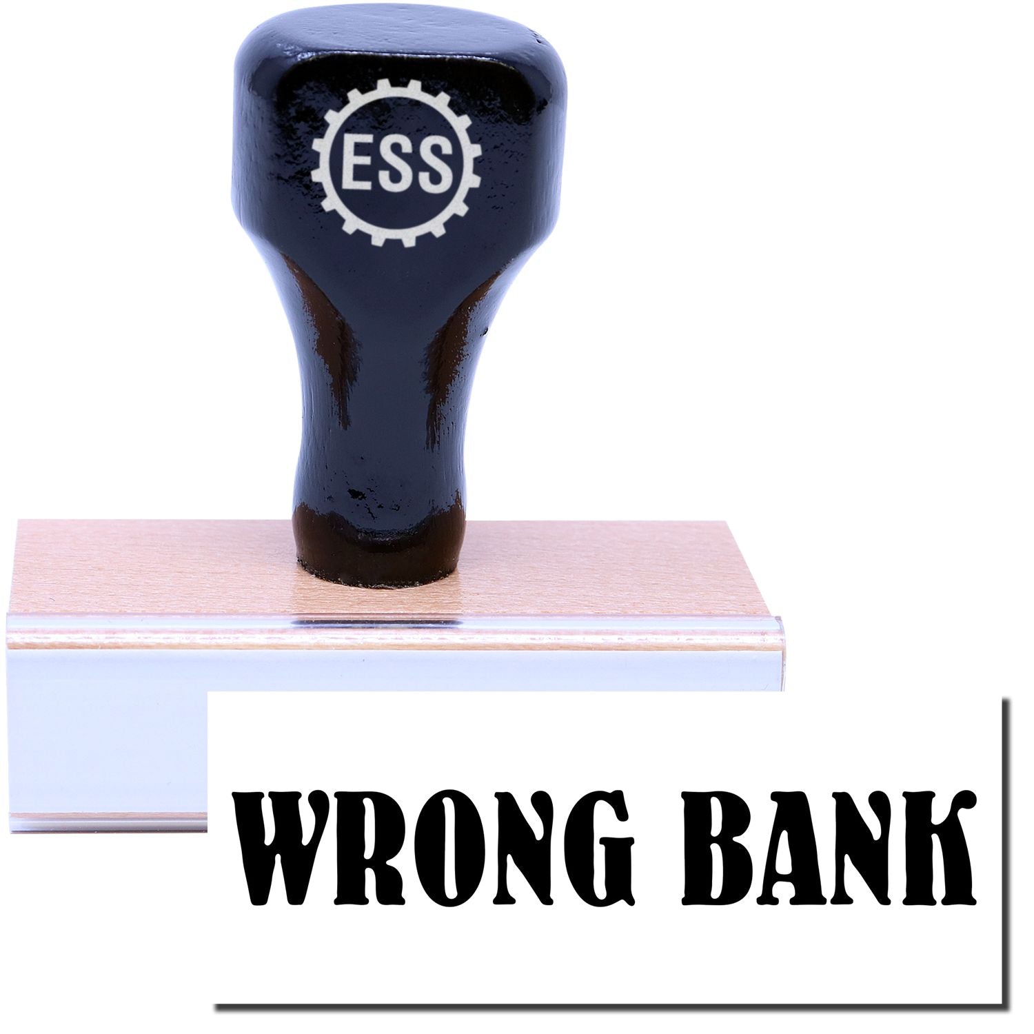 A stock office rubber stamp with a stamped image showing how the text WRONG BANK is displayed after stamping.