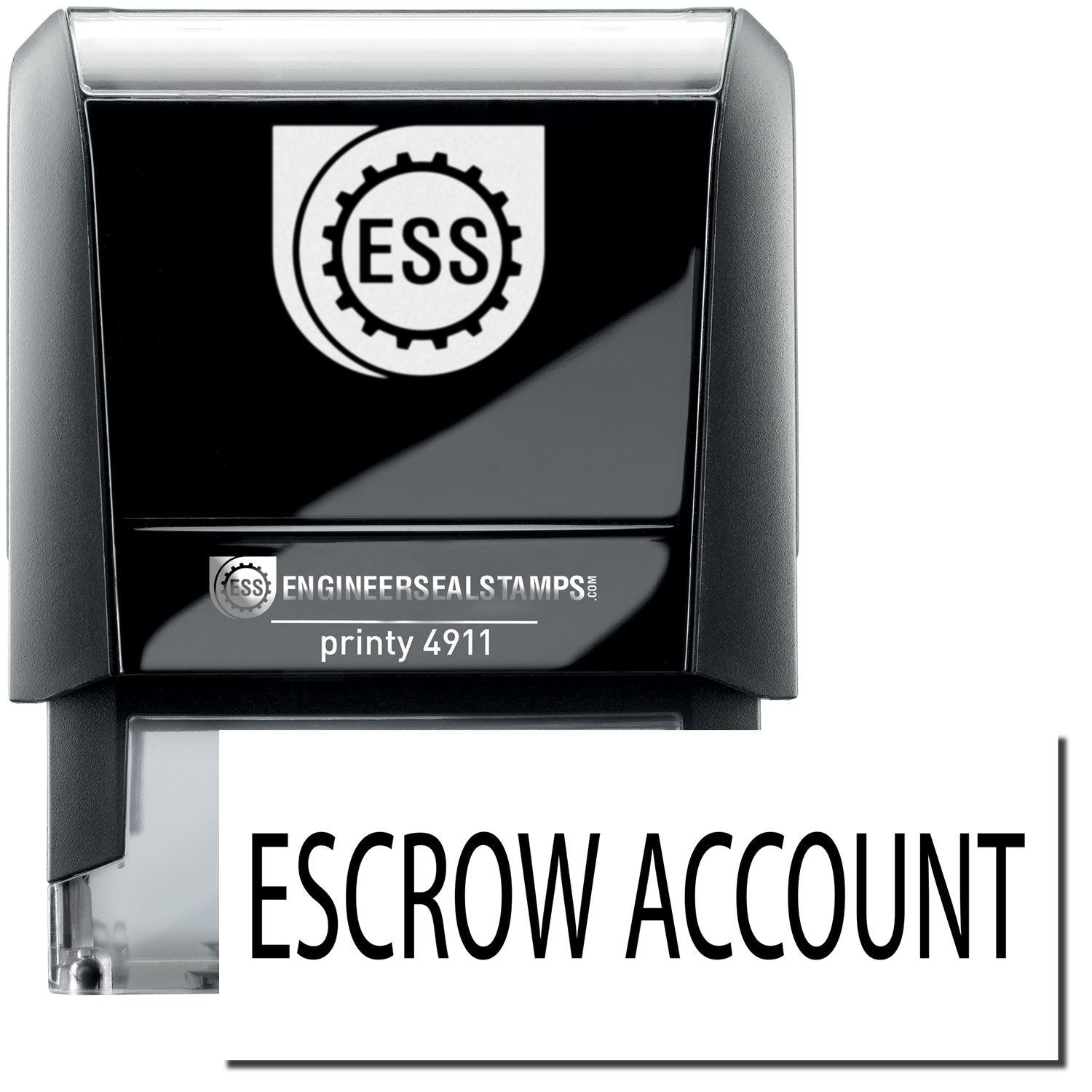 A self-inking stamp with a stamped image showing how the text ESCROW ACCOUNT is displayed after stamping.