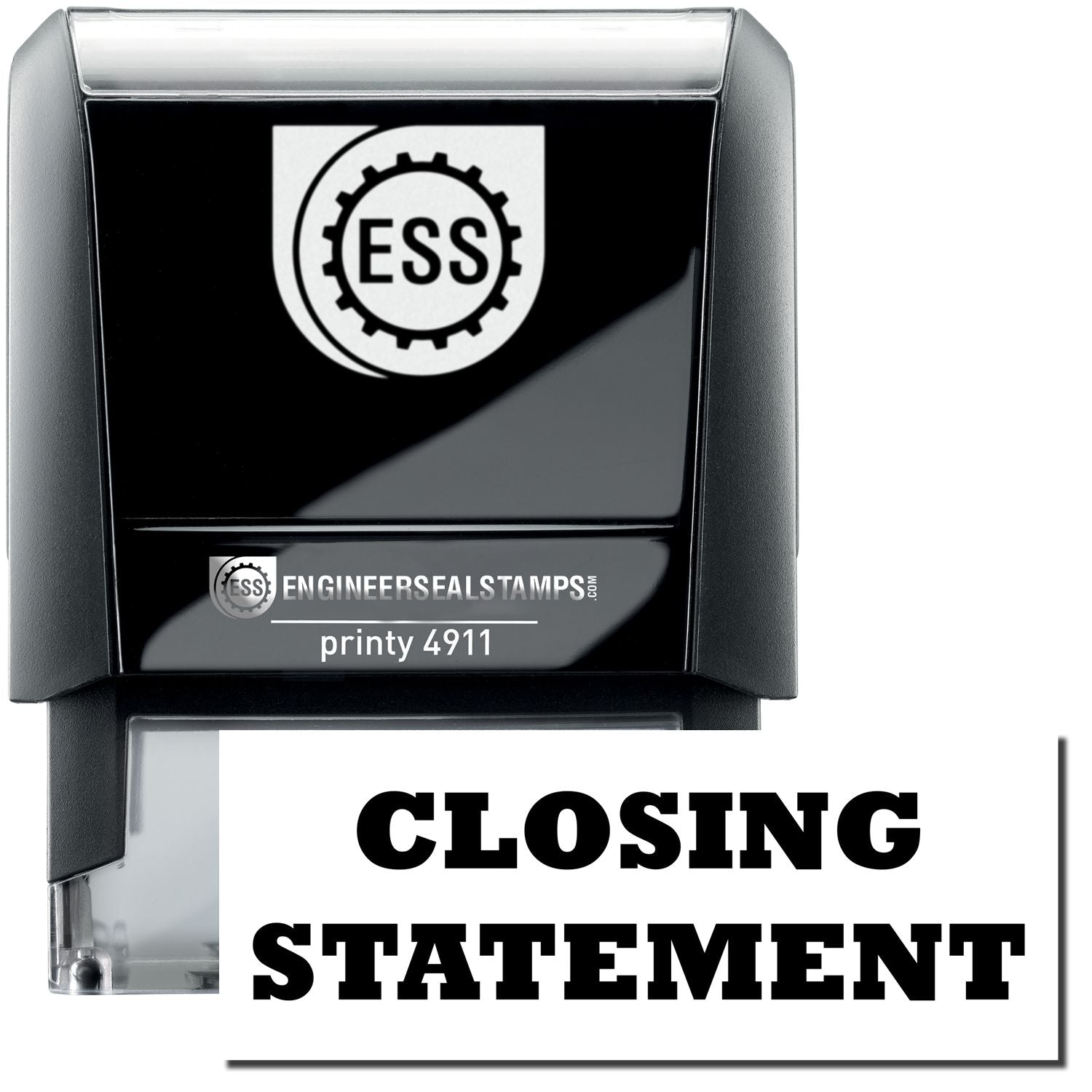 A self-inking stamp with a stamped image showing how the text CLOSING STATEMENT is displayed after stamping.