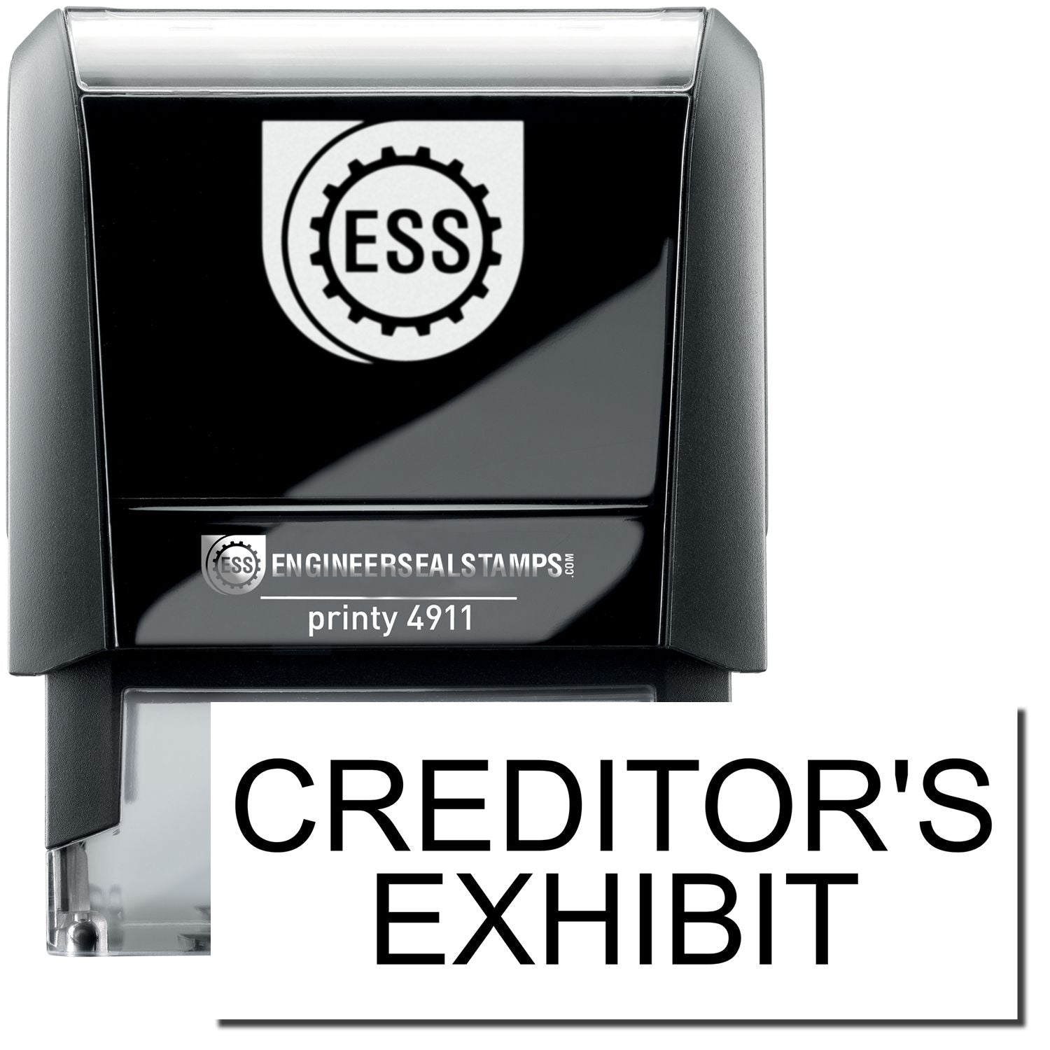 A self-inking stamp with a stamped image showing how the text CREDITOR'S EXHIBIT is displayed after stamping.