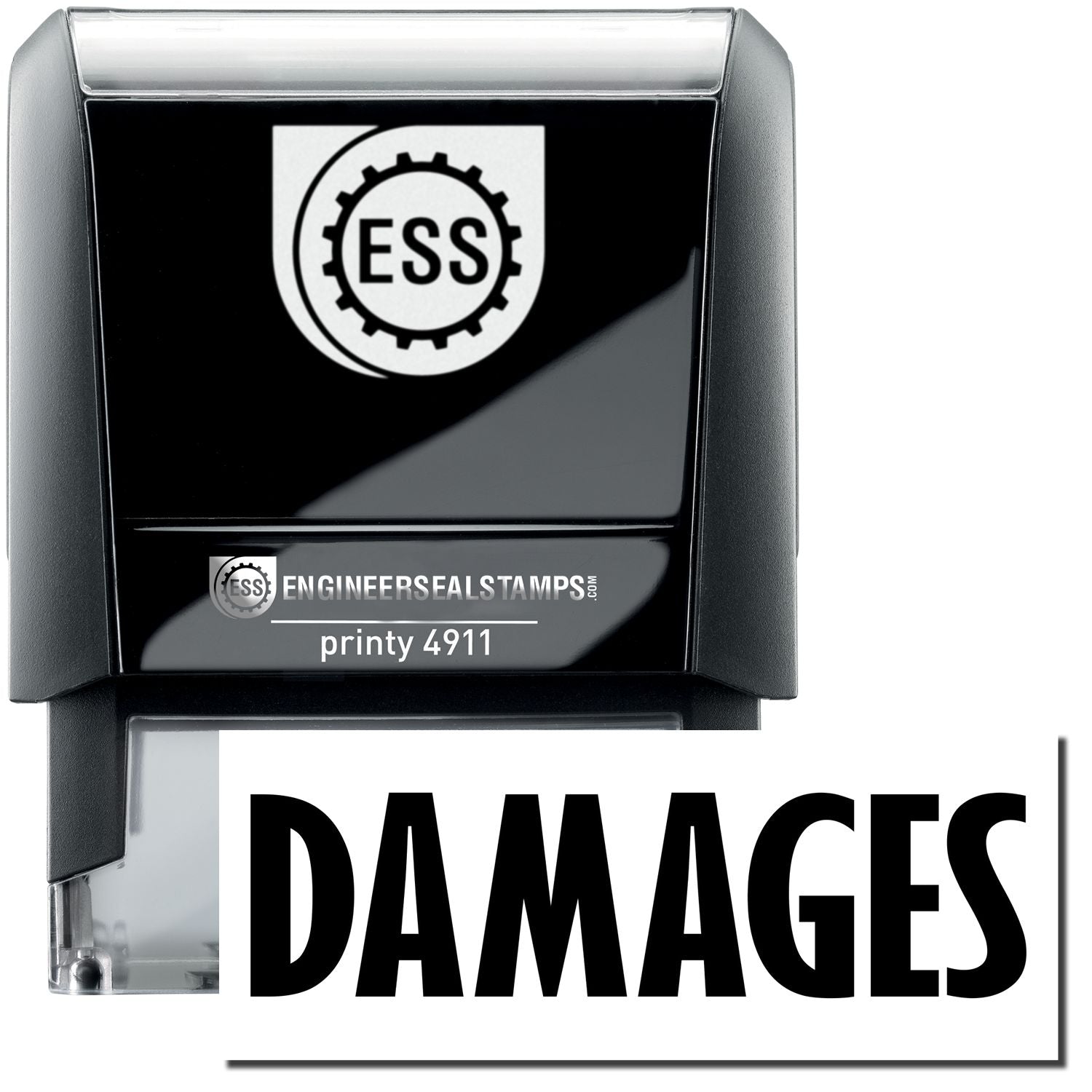 A self-inking stamp with a stamped image showing how the text DAMAGES is displayed after stamping.