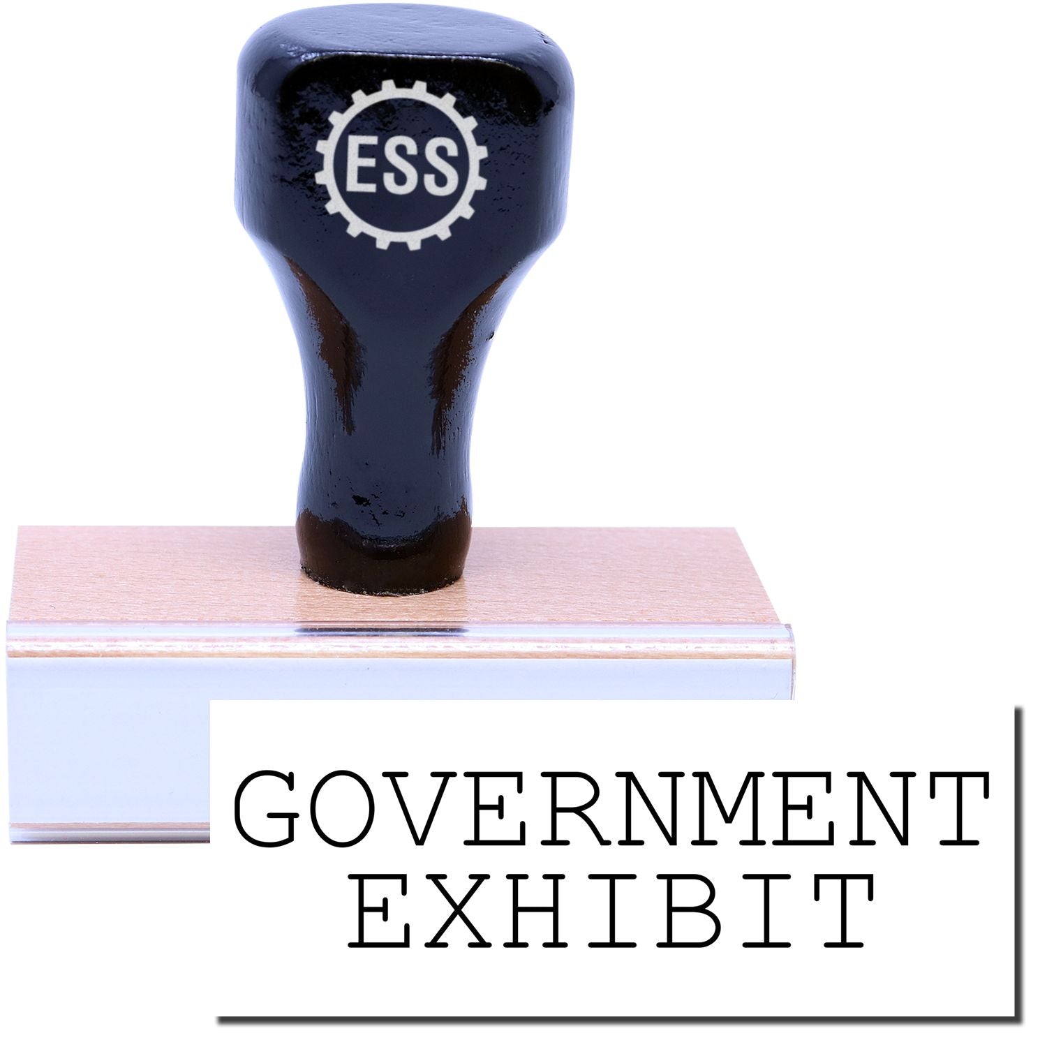 A stock office rubber stamp with a stamped image showing how the text GOVERNMENT EXHIBIT is displayed after stamping.