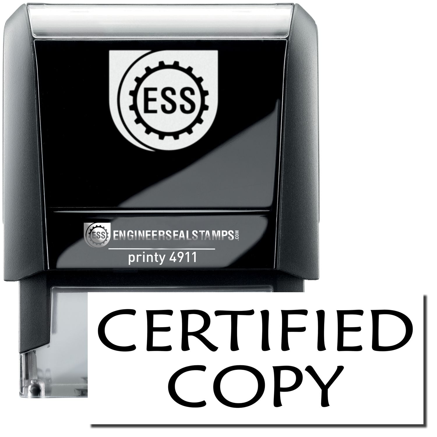 A self-inking stamp with a stamped image showing how the text CERTIFIED COPY is displayed after stamping.