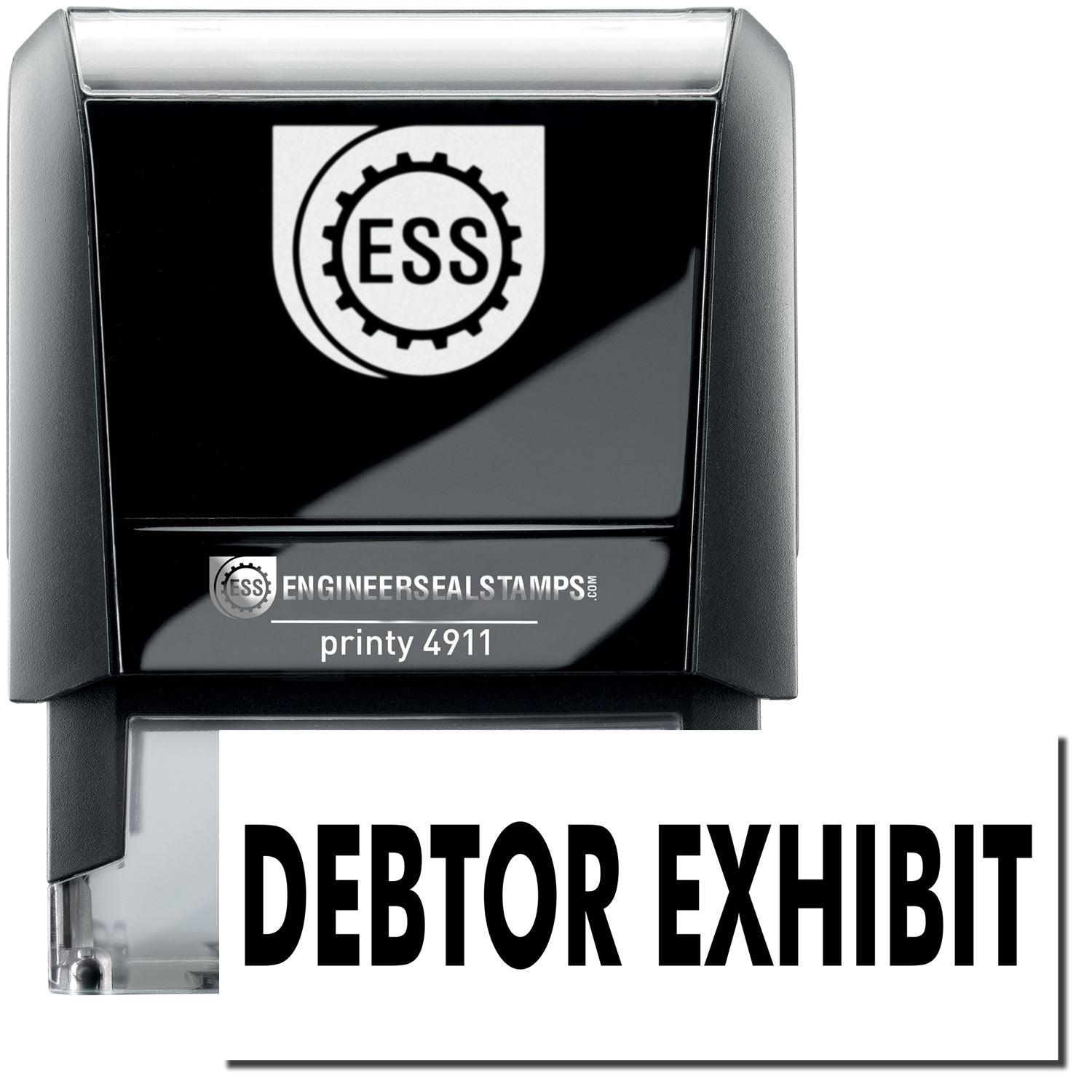 A self-inking stamp with a stamped image showing how the text DEBTOR EXHIBIT is displayed after stamping.