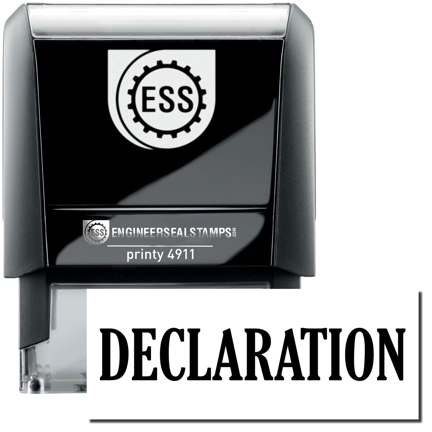 A self-inking stamp with a stamped image showing how the text DECLARATION is displayed after stamping.