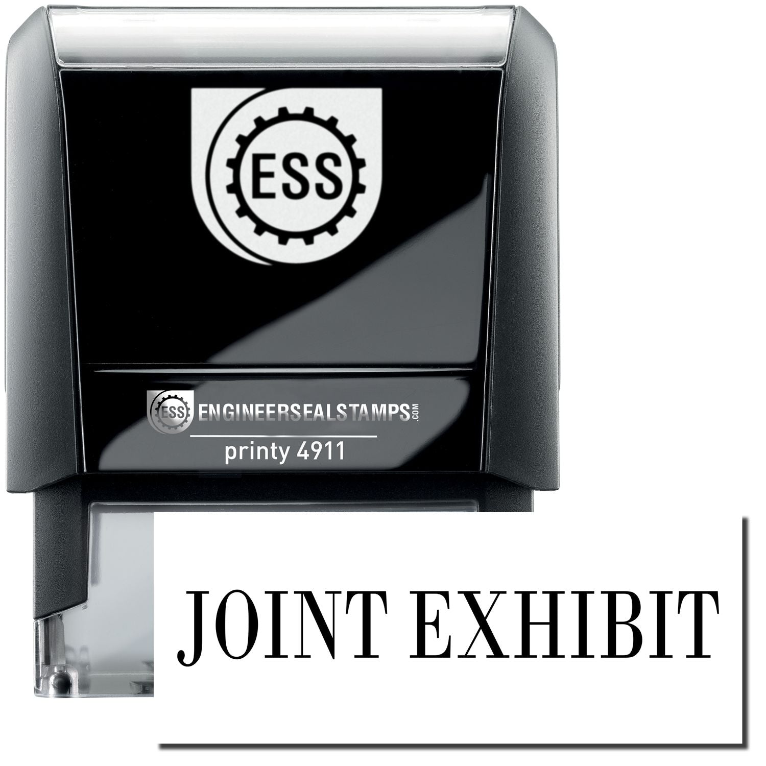 Self Inking Joint Exhibit Stamp with black casing, ESS logo, and JOINT EXHIBIT text on a white background.