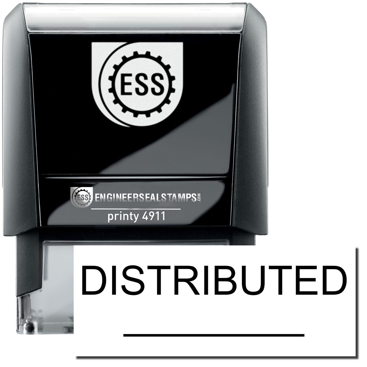 A self-inking stamp with a stamped image showing how the text DISTRIBUTED with a line under it is displayed after stamping.