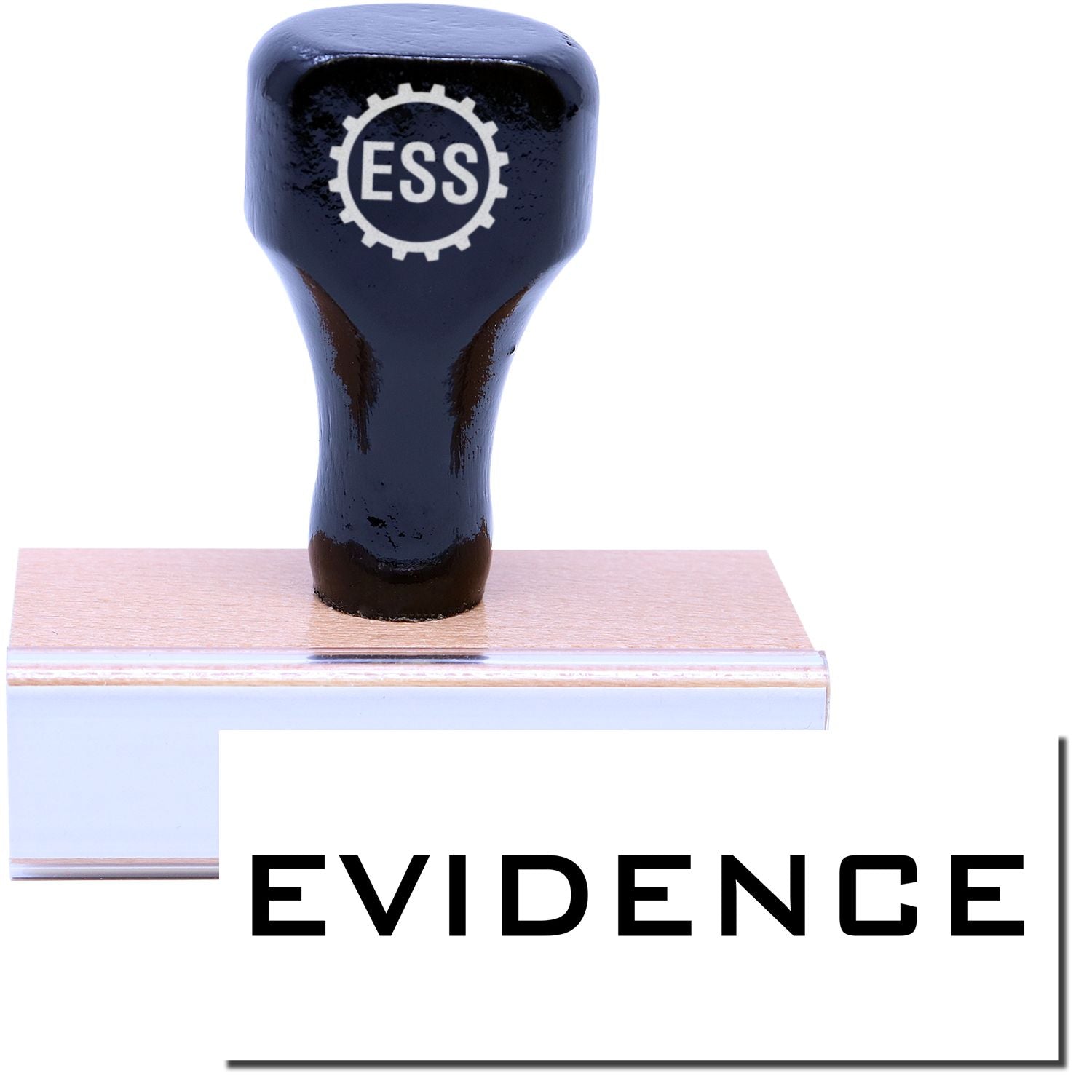 A stock office rubber stamp with a stamped image showing how the text EVIDENCE is displayed after stamping.