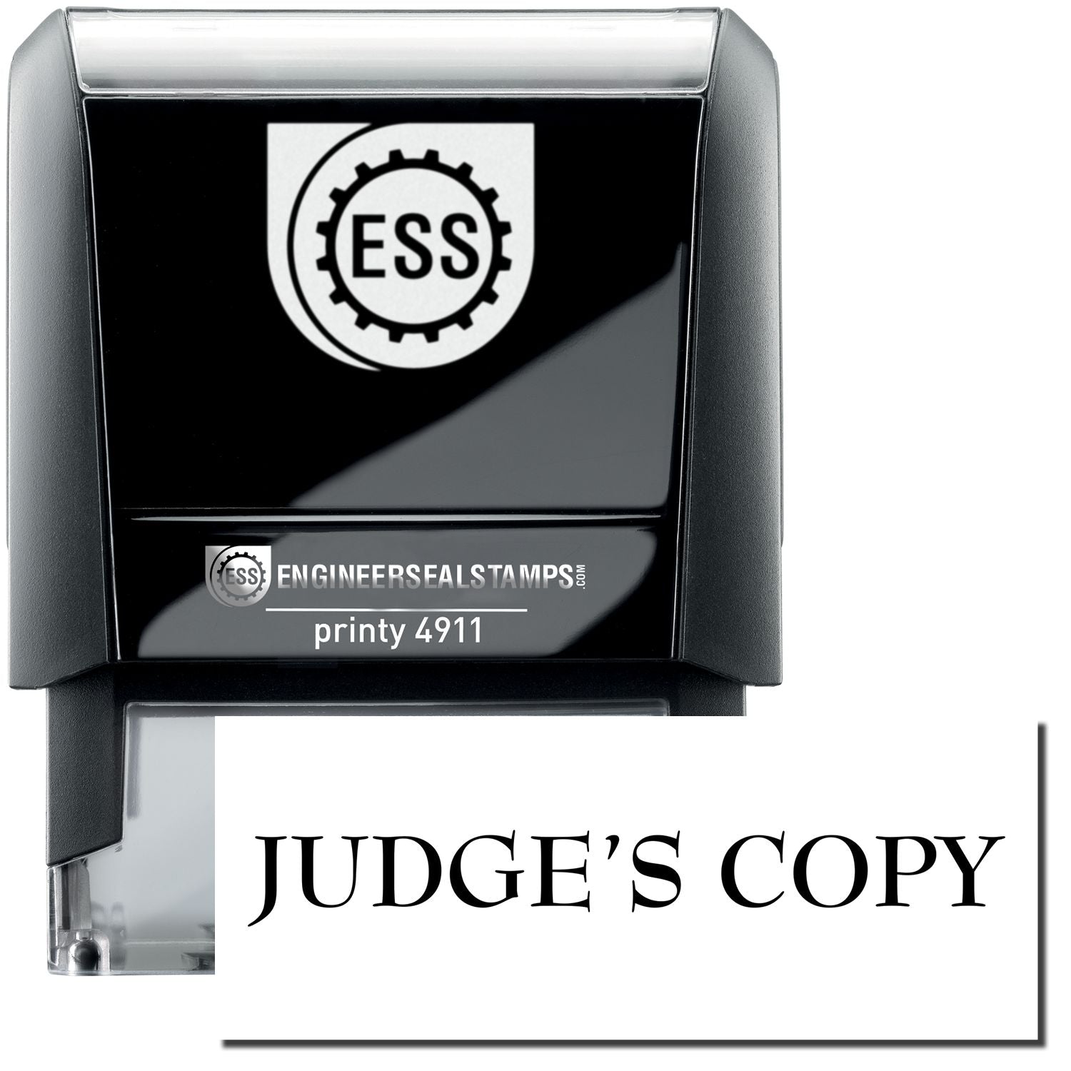 A self-inking stamp with a stamped image showing how the text "JUDGE'S COPY" is displayed after stamping.