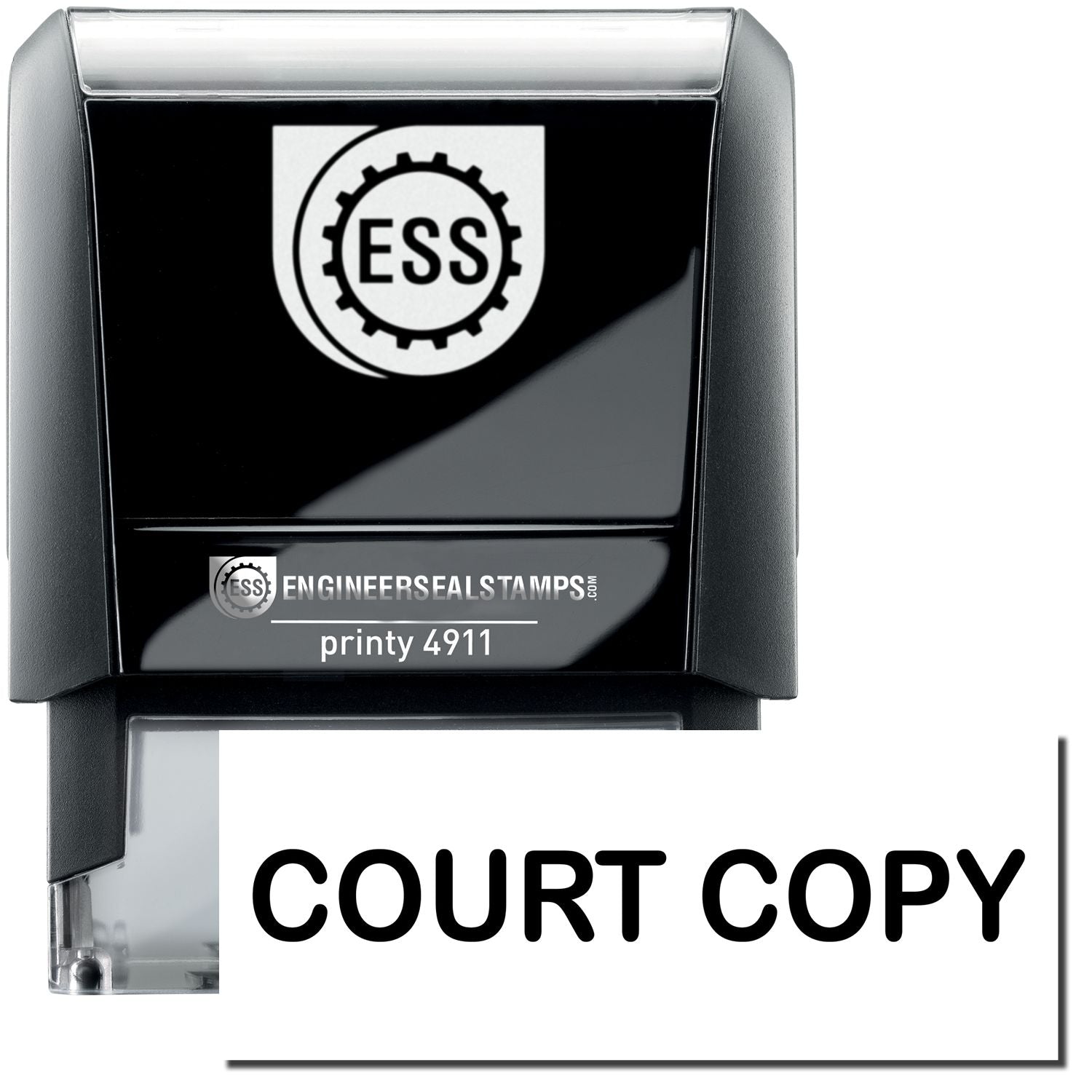 A self-inking stamp with a stamped image showing how the text COURT COPY is displayed after stamping.