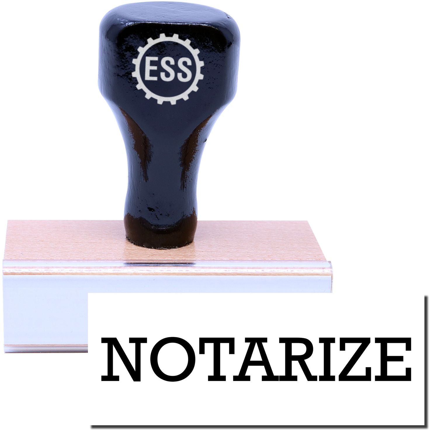 A stock office rubber stamp with a stamped image showing how the text NOTARIZE is displayed after stamping.