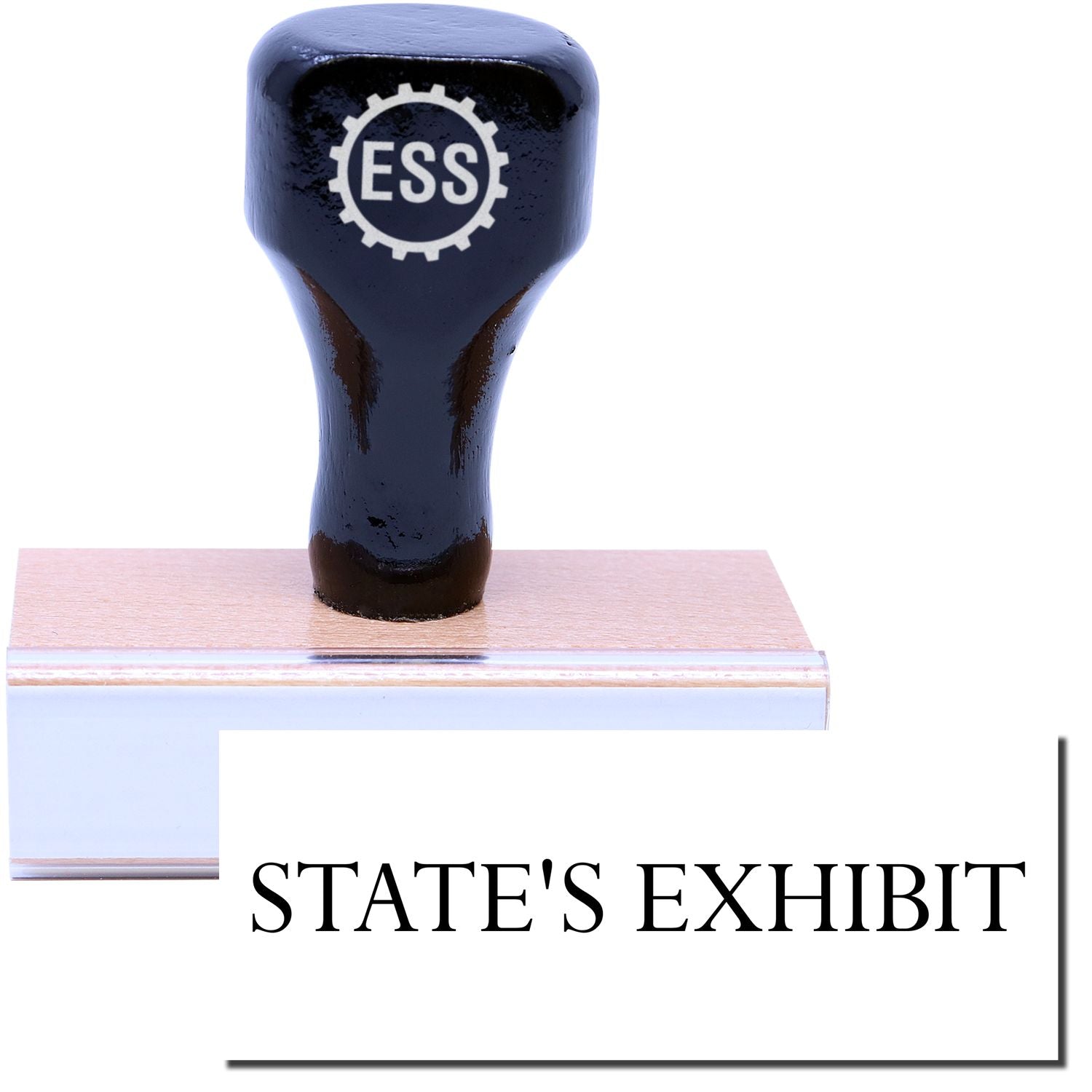 A stock office legal rubber stamp with a stamped image showing how the text STATE'S EXHIBIT is displayed after stamping.