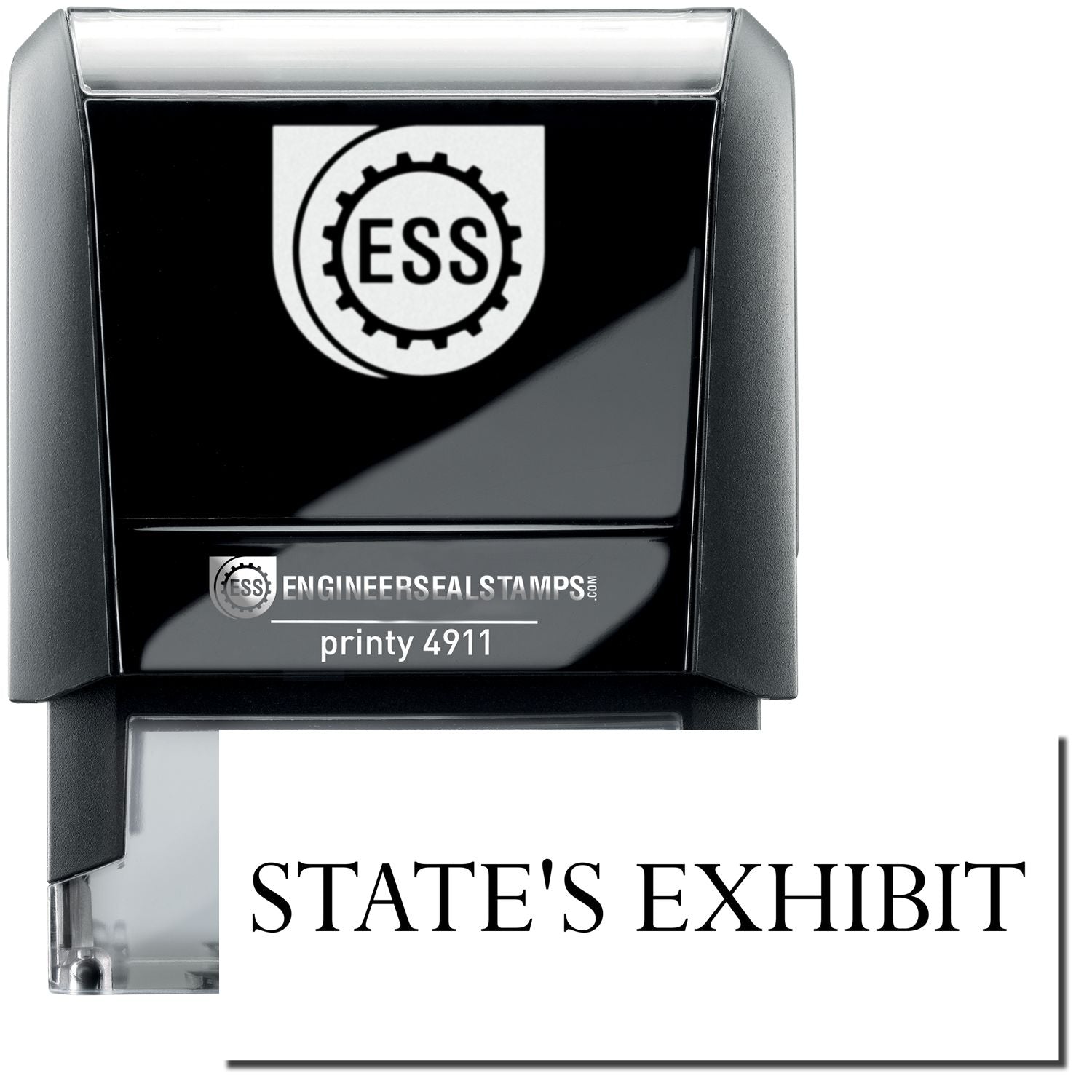 A self-inking stamp with a stamped image showing how the text STATE'S EXHIBIT is displayed after stamping.