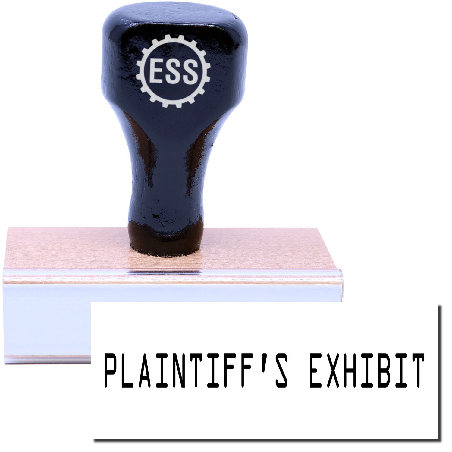 A stock office rubber stamp with a stamped image showing how the text PLAINTIFF'S EXHIBIT is displayed after stamping.