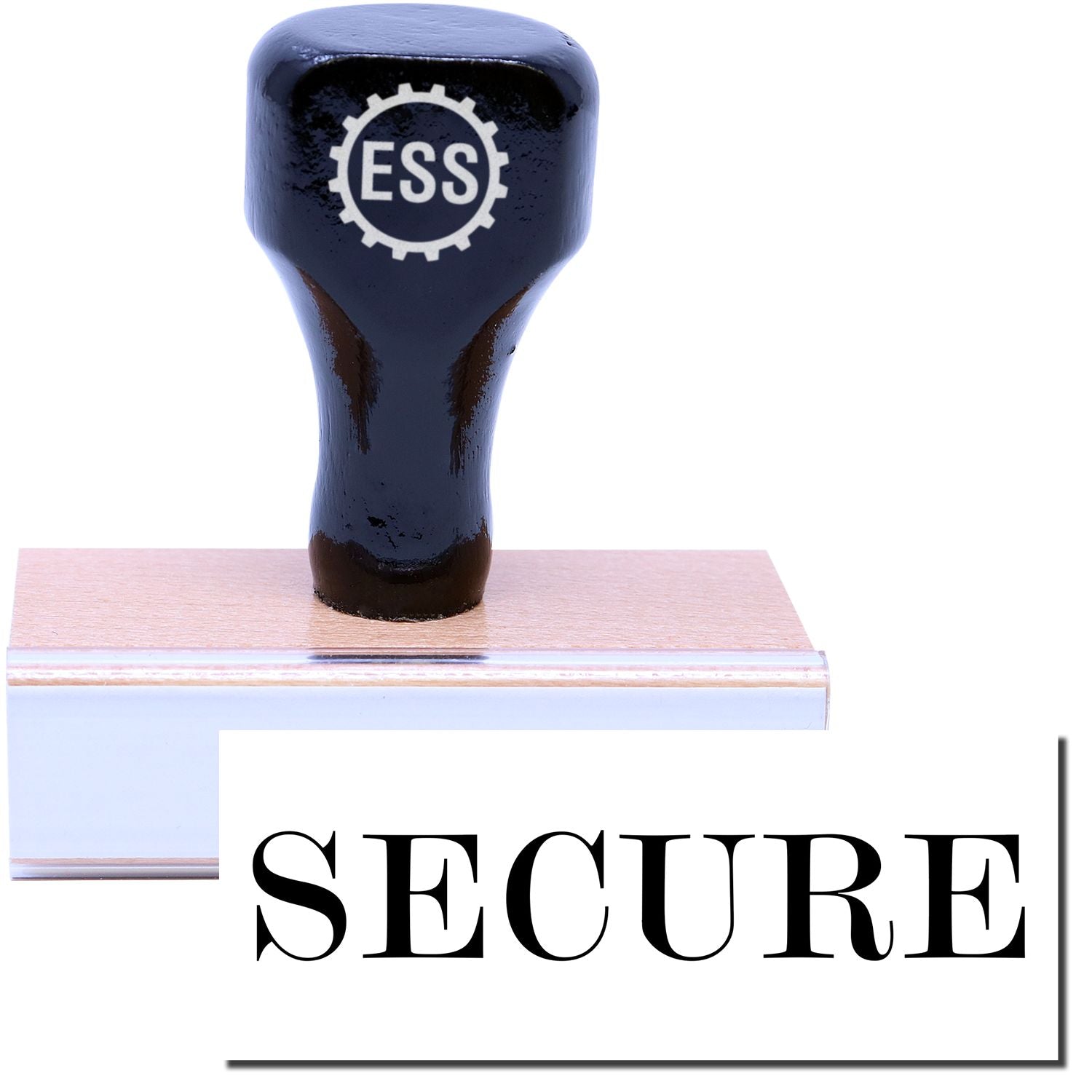 A stock office rubber stamp with a stamped image showing how the text SECURE is displayed after stamping.